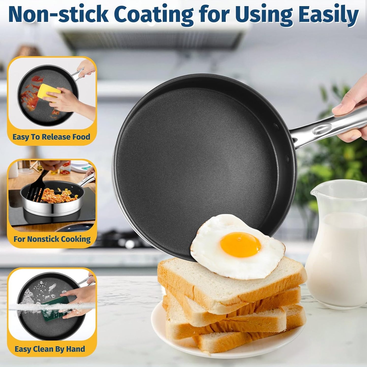 10 Pcs Pots and Pans Sets, Stainless Steel Cookware Set of 6 for Kitchen, Induction Cooking Pot & Saucepans with Glass Lids, Nonstick Frying Pans & Saute Pan