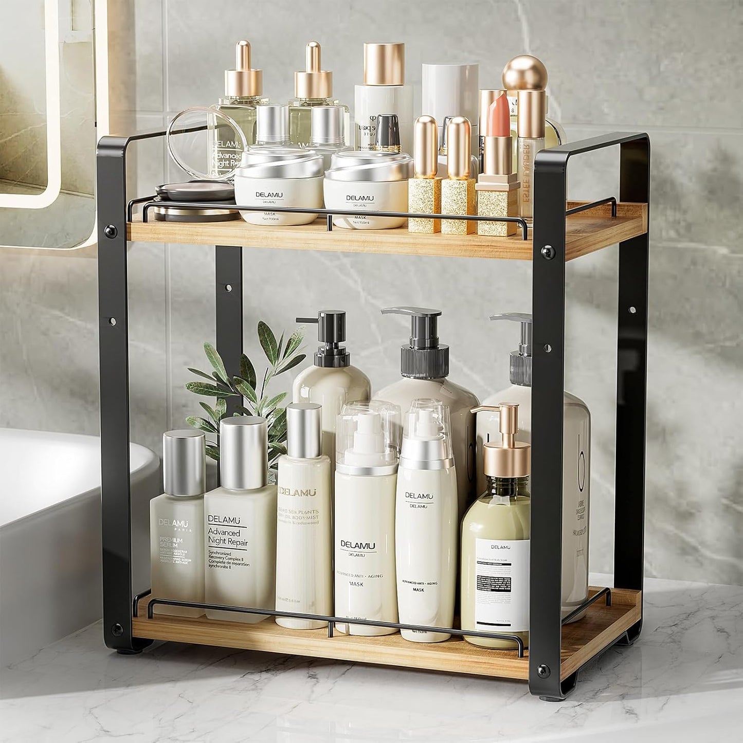 2-Tier Bathroom Counter Organizer, Wood Vanity Organizer Countertop for Skincare & Makeup, Multi-Purpose Vanity Bathroom Shelf for Coffee Station Kitchen Storage and Organization