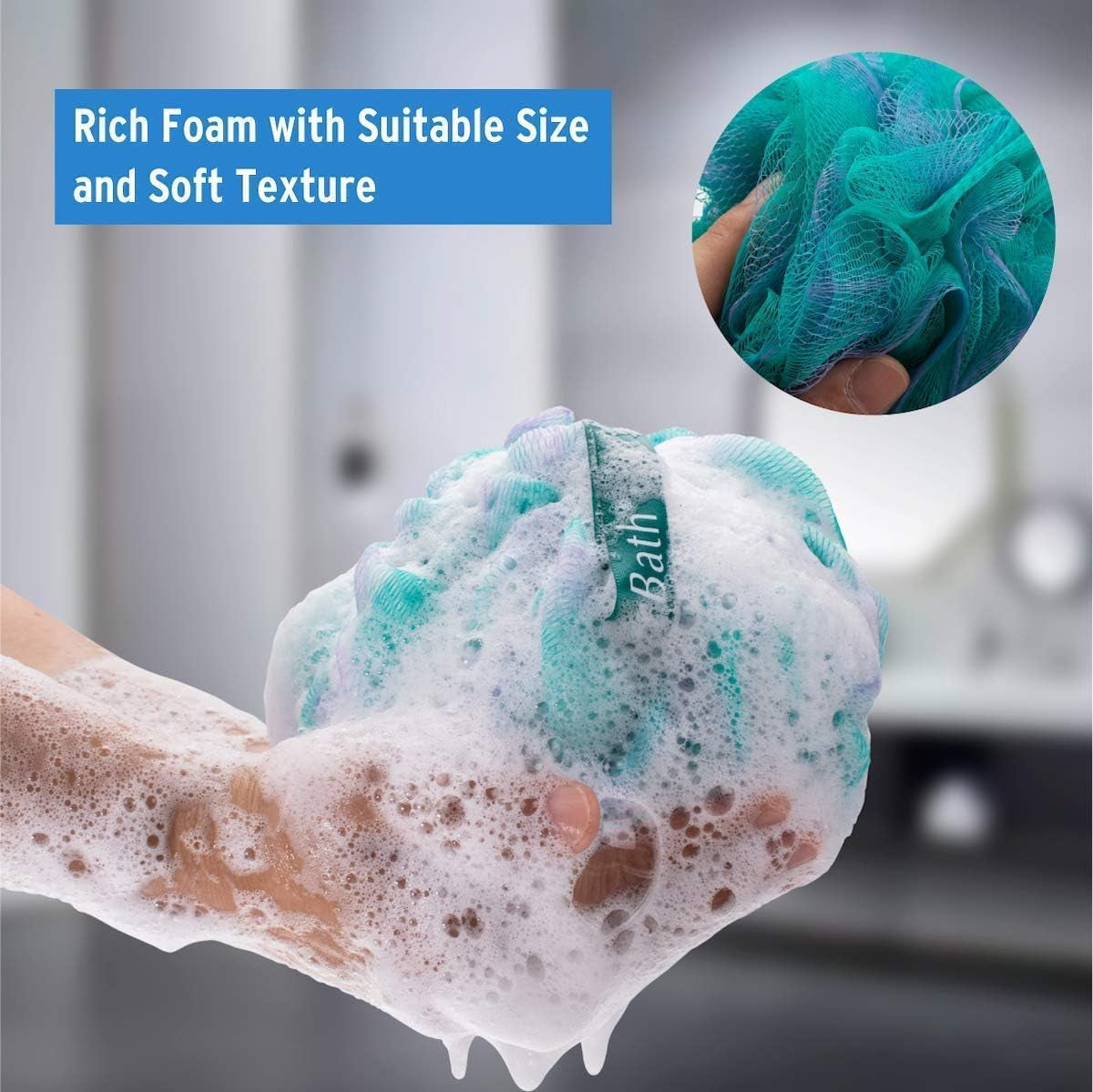 75G/Pcs Set of 4 Flower Color Shower Bath Sponge and 72 X 72 Inches EVA 8G Plastic Shower Curtain with Heavy Duty Clear Stones and 12 Grommet Holes