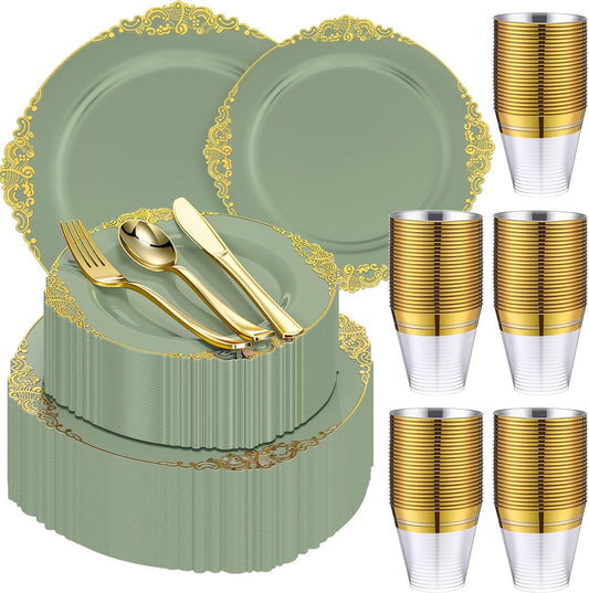 300-Piece Sage Green Plastic Dinnerware Set with Gold Accents - Includes 50 Dinner Plates (10.2"), 50 Dessert Plates (7.5"), and 150 Gold Utensils for Weddings and Events