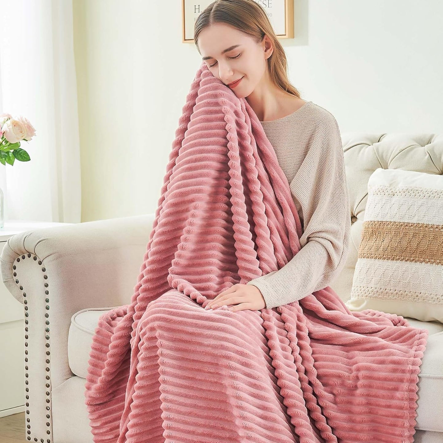 Fleece Throw Blanket for Couch – 3D Ribbed Jacquard Soft and Warm Decorative Fuzzy Blanket – Cozy, Fluffy, Plush Lightweight Pink Throw Blankets for Bed, Sofa, 50X60 Inches