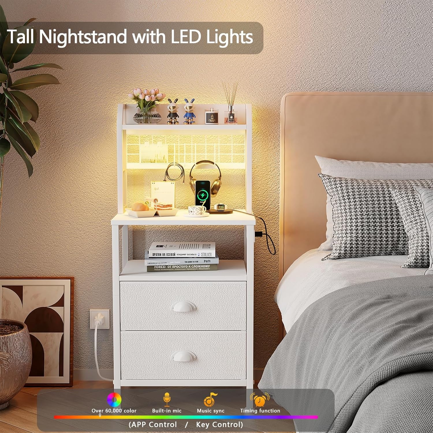40'' Tall Nightstand with Charging Station, Bedside Table with LED Lights, End Table with 2 Drawers and Storage Shelves, Night Stand with Pegboard for Bedroom, White