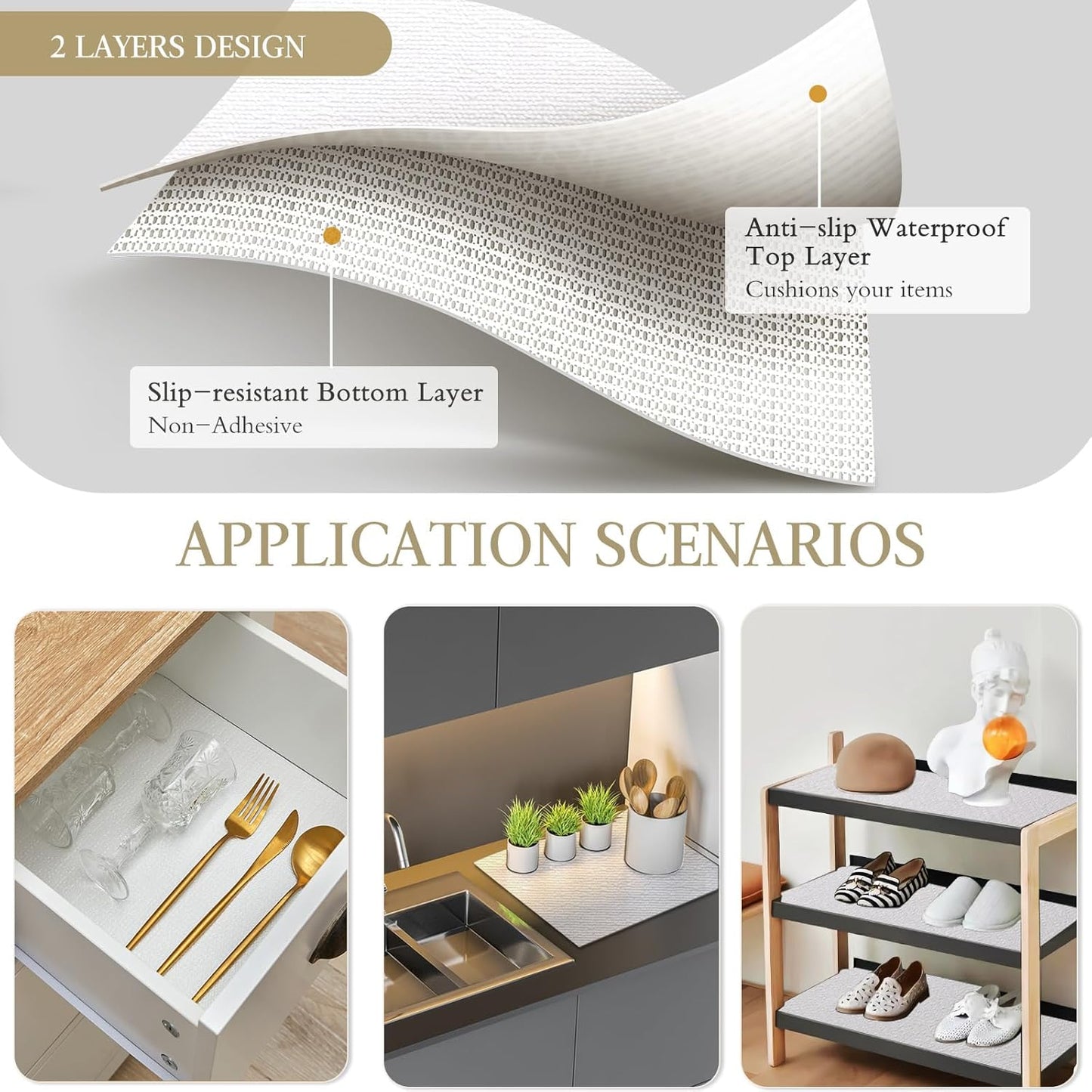 Shelf and Drawer Liner for Kitchen Cabinet, Non Adhesive Non Slip Shelf Paper Waterproof Washable Thickened for Dresser Pantry Shelve Bathroom Protector Liner(White,12 in X 10 FT)