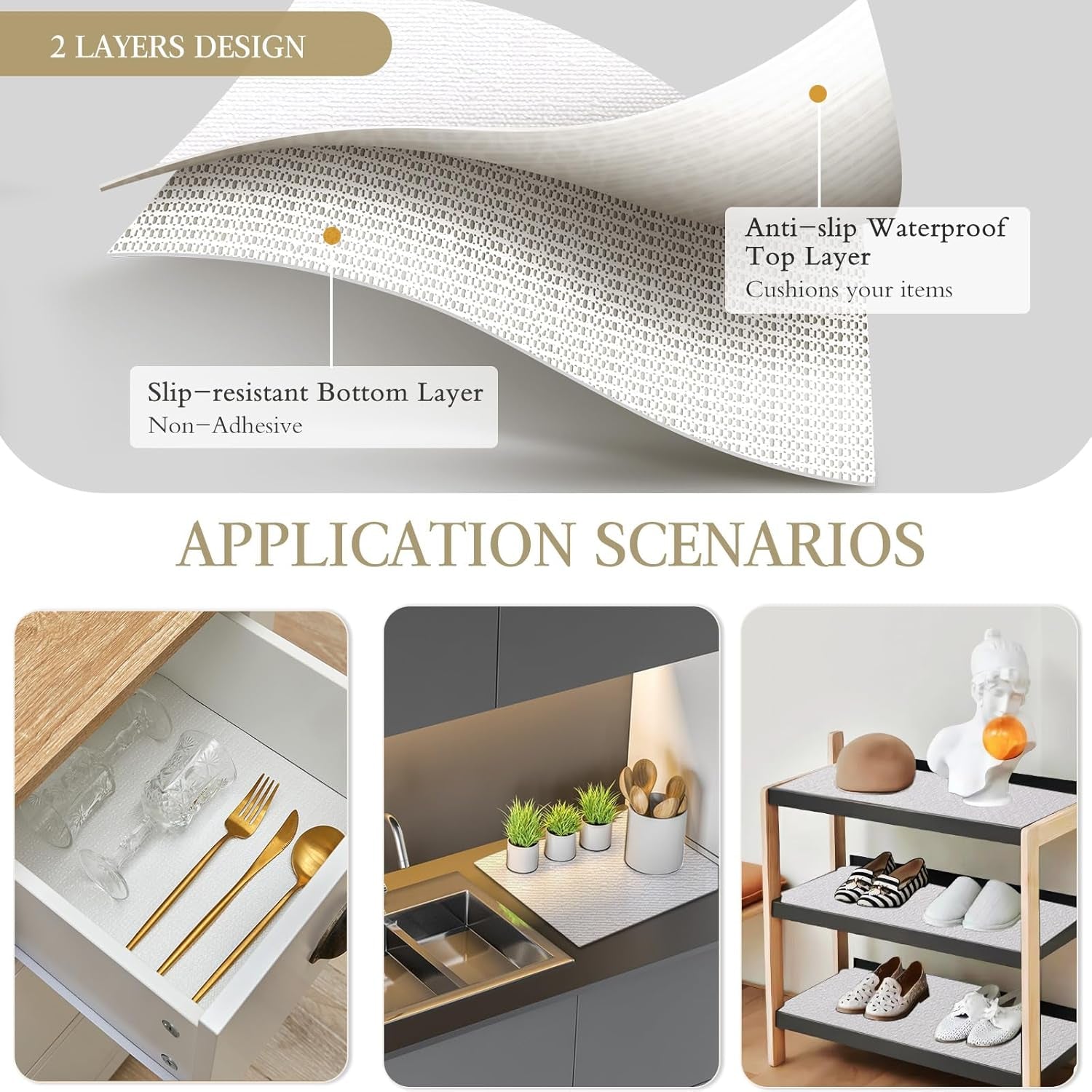 Shelf and Drawer Liner for Kitchen Cabinet, Non Adhesive Non Slip Shelf Paper Waterproof Washable Thickened for Dresser Pantry Shelve Bathroom Protector Liner(White,12 in X 10 FT)