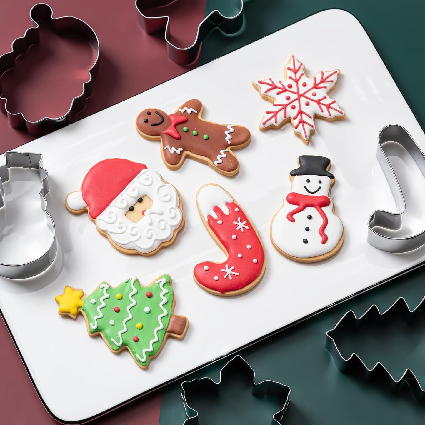 Christmas Cookie Cutters Set 6 Pieces,Stainless Steel Metal Cutter with Christmas Tree, Gingerbread Man, Snowman, Snowflake, Candy Cane, Santa Face Shapes for Holiday