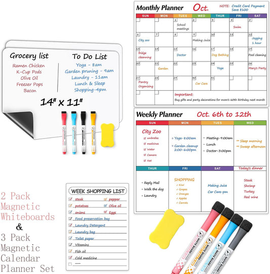 3 Pack Dry Erase Magnetic Calendar for Refrigerator - Monthly & Weekly & Daily Planner + 2 PCS Magnetic Dry Erase Whiteboard for Fridge