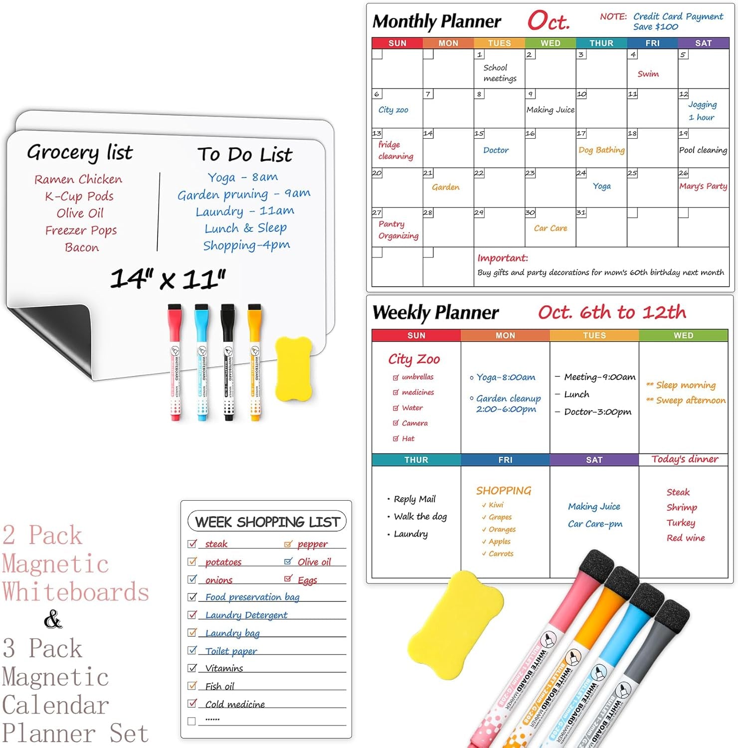 3 Pack Dry Erase Magnetic Calendar for Refrigerator - Monthly & Weekly & Daily Planner + 2 PCS Magnetic Dry Erase Whiteboard for Fridge