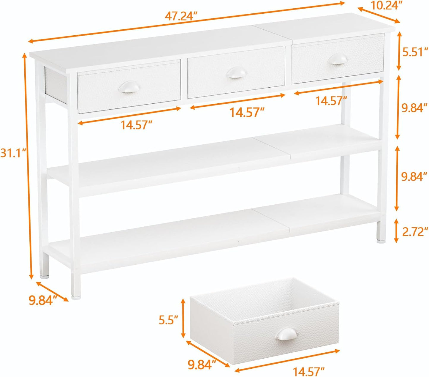 White Long 47" Console Sofa Table with 3 Drawers, Entryway Table with 3-Tier Storage Shelves, Display Shelf for Entry Way, Hallway, Couch, Living Room, Kitchen, Foyer