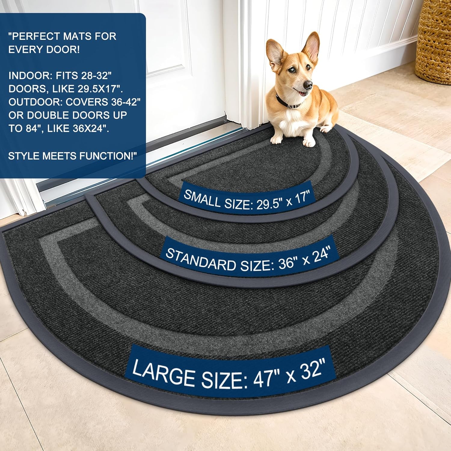 Half Circle Door Mat Indoor Outdoor Entrance Welcome, Waterproof All-Season, All-Weather Doormat, Sturdy Natural Rubber, Low Profile, Easy Clean Patio Porch Entryway Mat, 29.5X17, Black