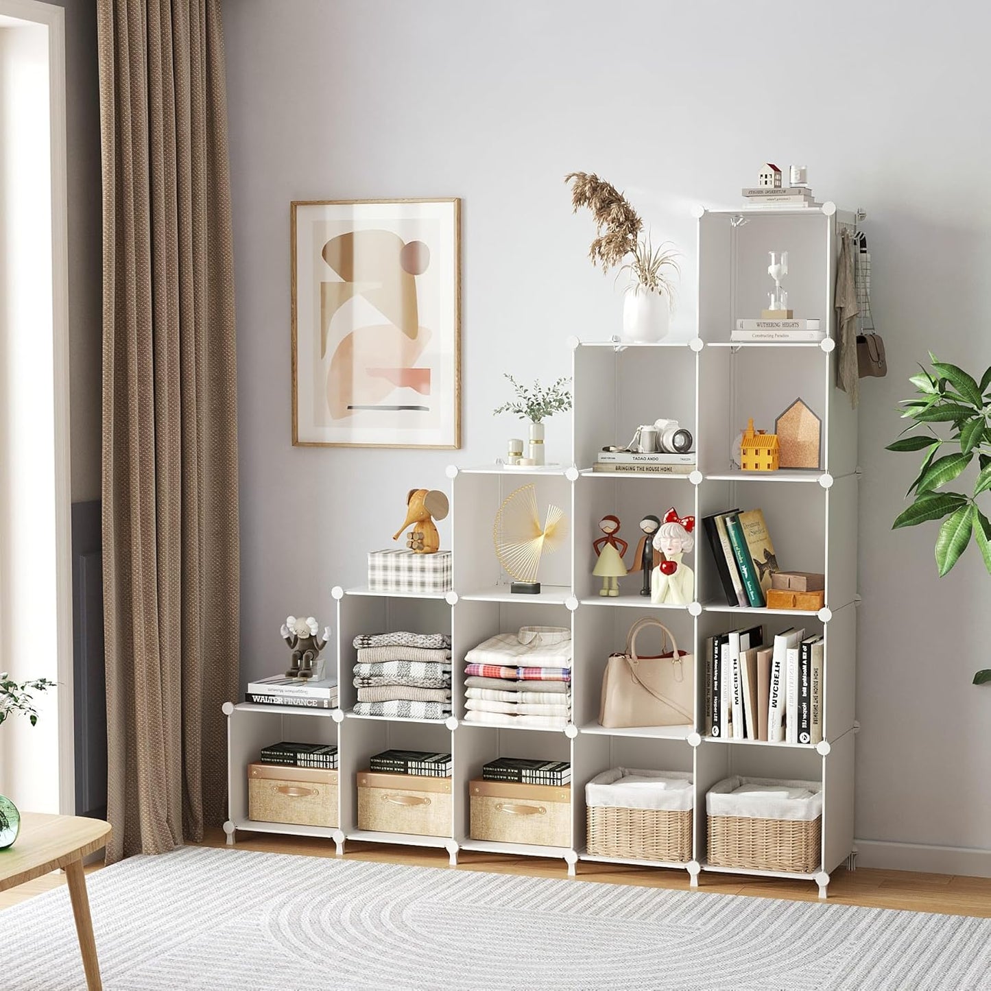 Cube Storage Organizer, 16 Cube Closet Organizer, Stackable Storage Cube Shelves, DIY Portable Closet Clothes Organizer Shelving for Bedroom, Closet, Wardrobe, Bathroom, White