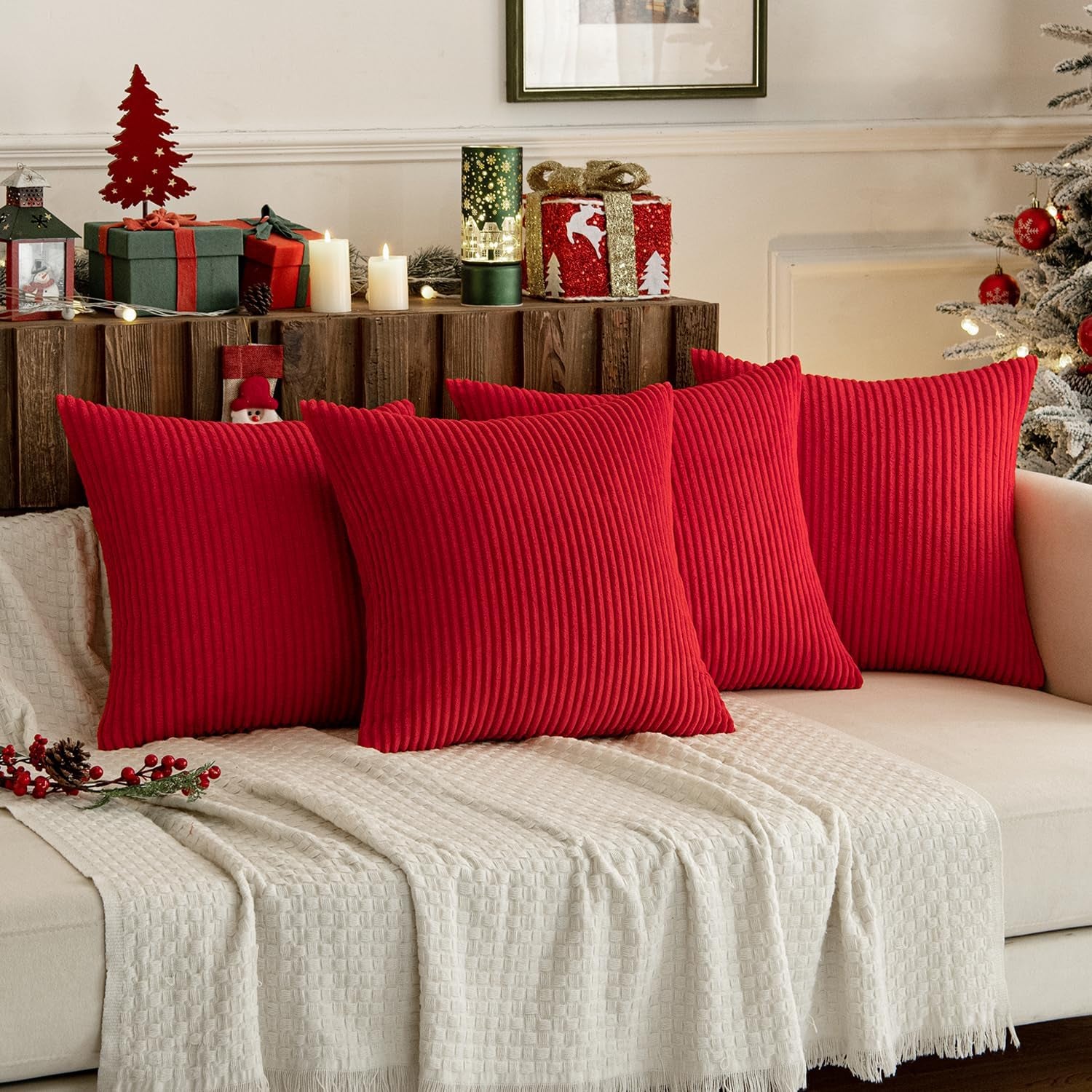 Boho Farmhouse Throw Pillow Covers 18X18 Inch Set of 4 Mordern Nordic Cushion Covers Soft Corduroy Home Decor for Couch Bed Sofa Living Room Christmas Red