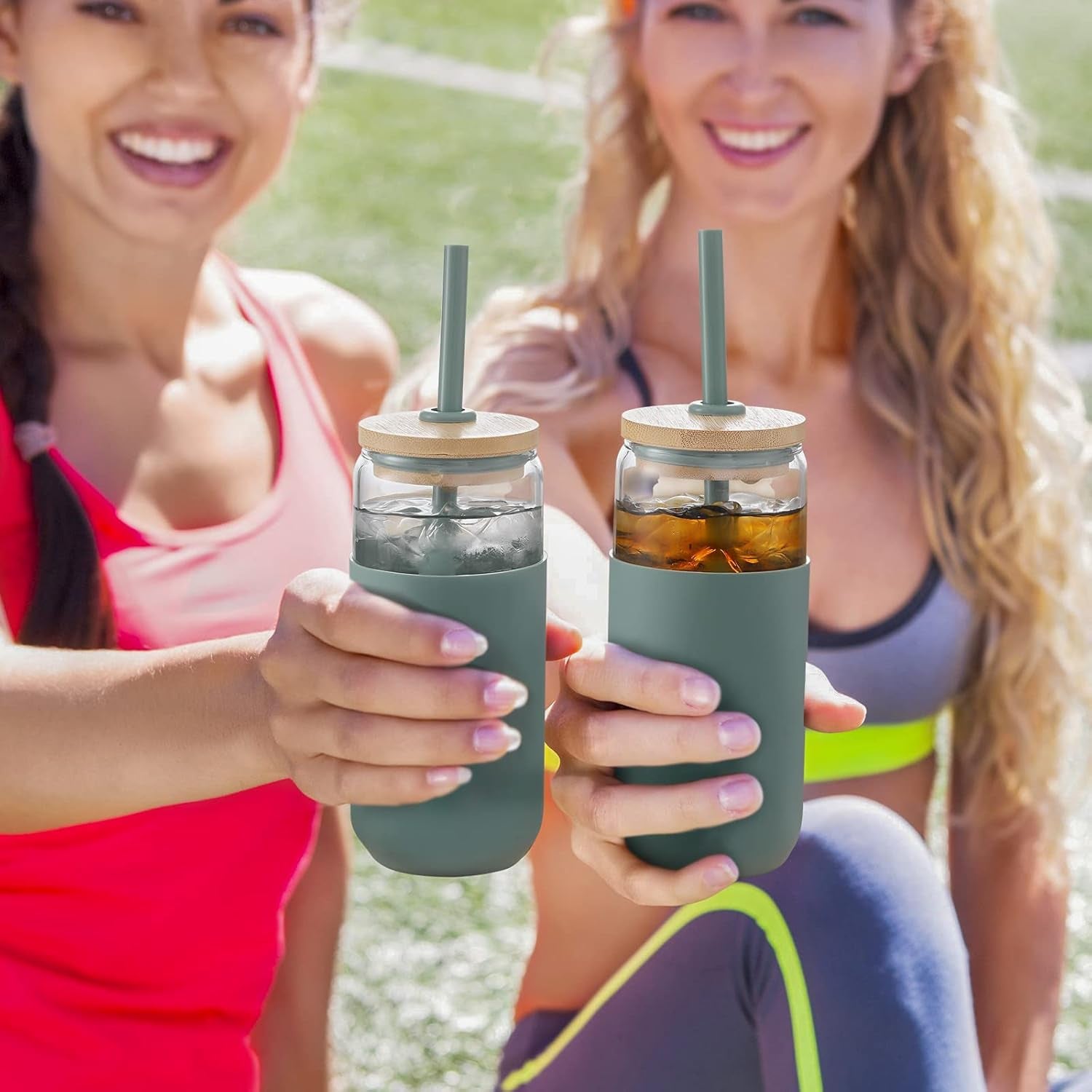 20Oz Glass Water Tumbler with Silicone Protective Sleeve - Beer Shaped Glass Cups with Straw and Bamboo Lid, Iced Coffee Glasses, Cute Drinking Glasses for Water, Smoothie, Gift - Cambridge Blue