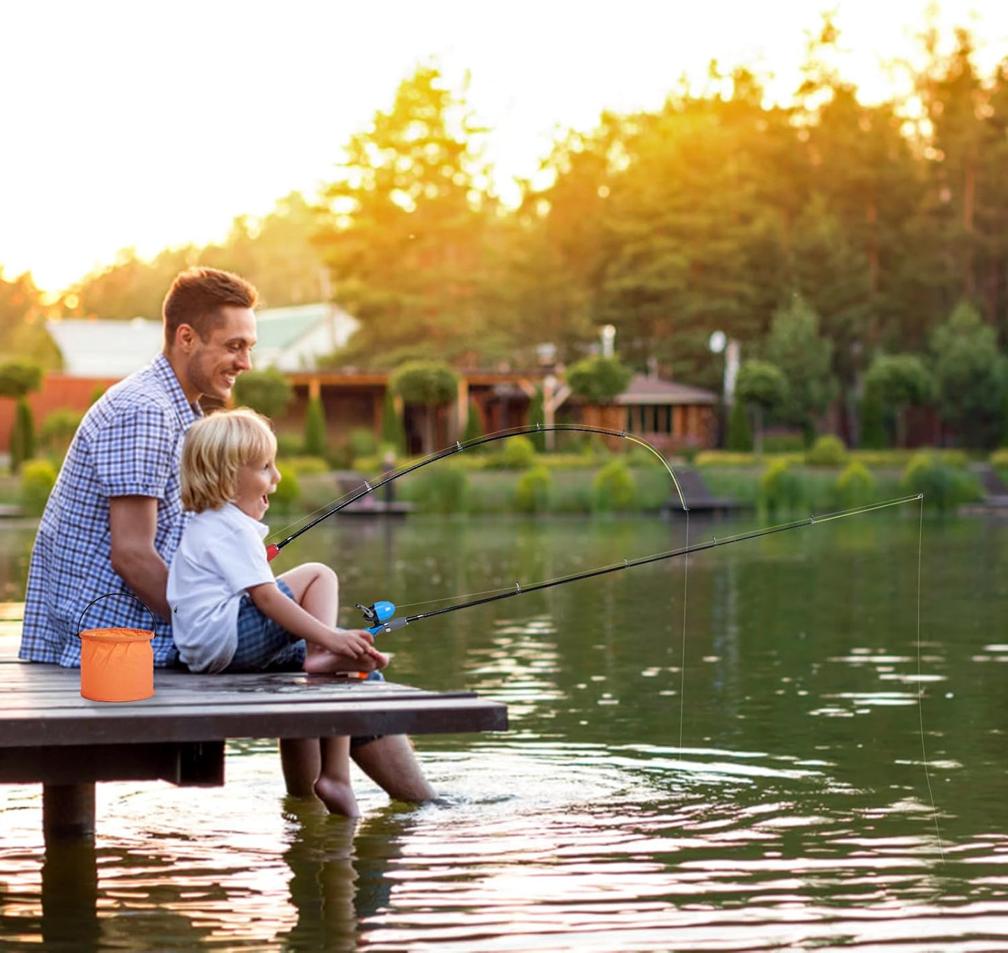 Kids Fishing Pole Kit 2 Pack, Portable Telescopic Kids Fishing Rod with Tackle Box, 2 Fishing Net and 2 Bucket for Beginners, Boys,Girls,Youth