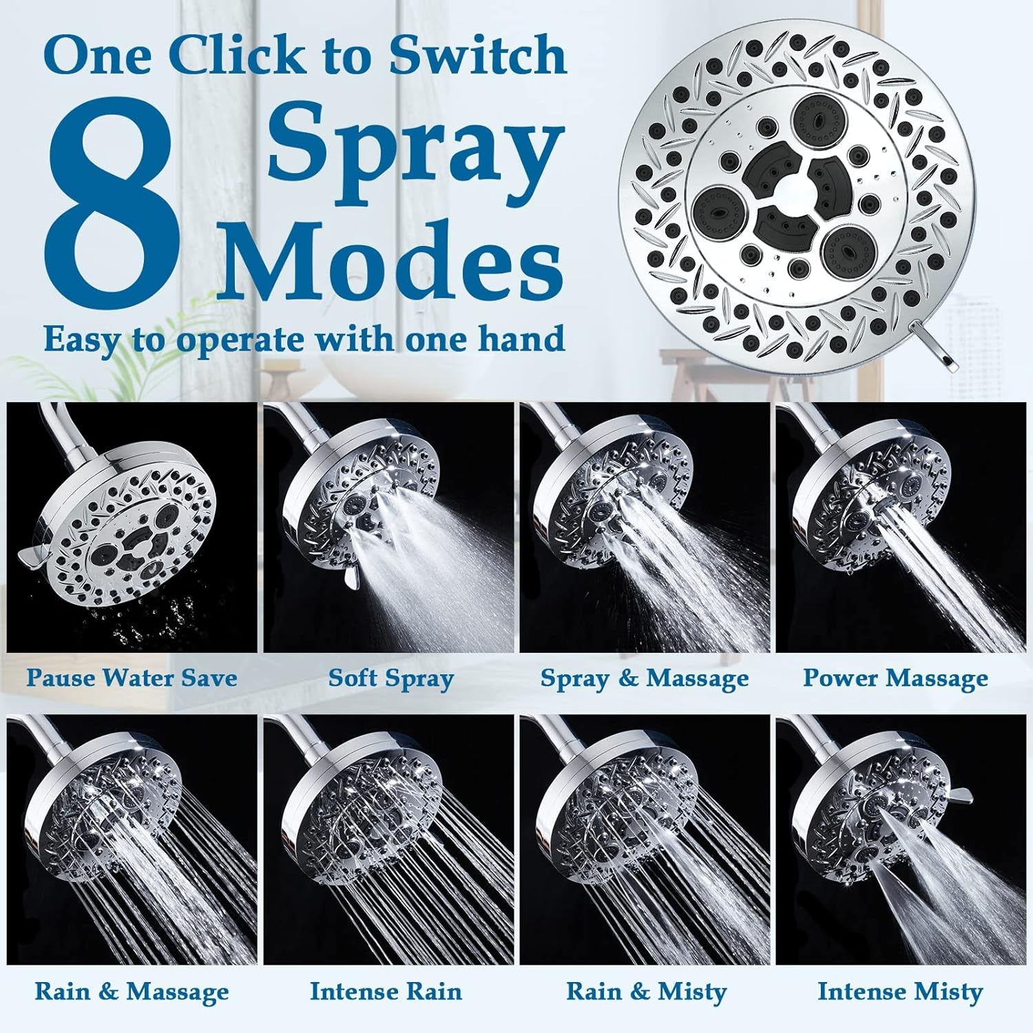 8 Spray Modes Shower Head, 5 Inch High Pressure Shower Heads with 62 Anti-Clogging Nozzles and Adjustable Brass Ball Joint, Chrome Finish, Replacement for Bathroom Showerhead
