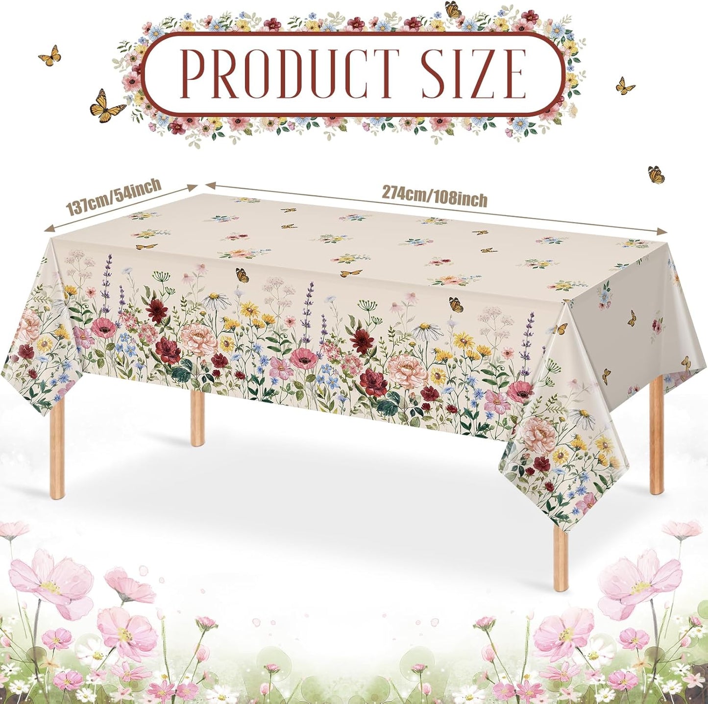 1 Pcs Spring Floral Tablecloth, Butterfly Wildflower Plastic Disposable Tablecloth Rectangle Table Covers for Easter, Birthday, Wedding, Mothers Day Tea Party Supplies and Decorations,54 X 108 Inch