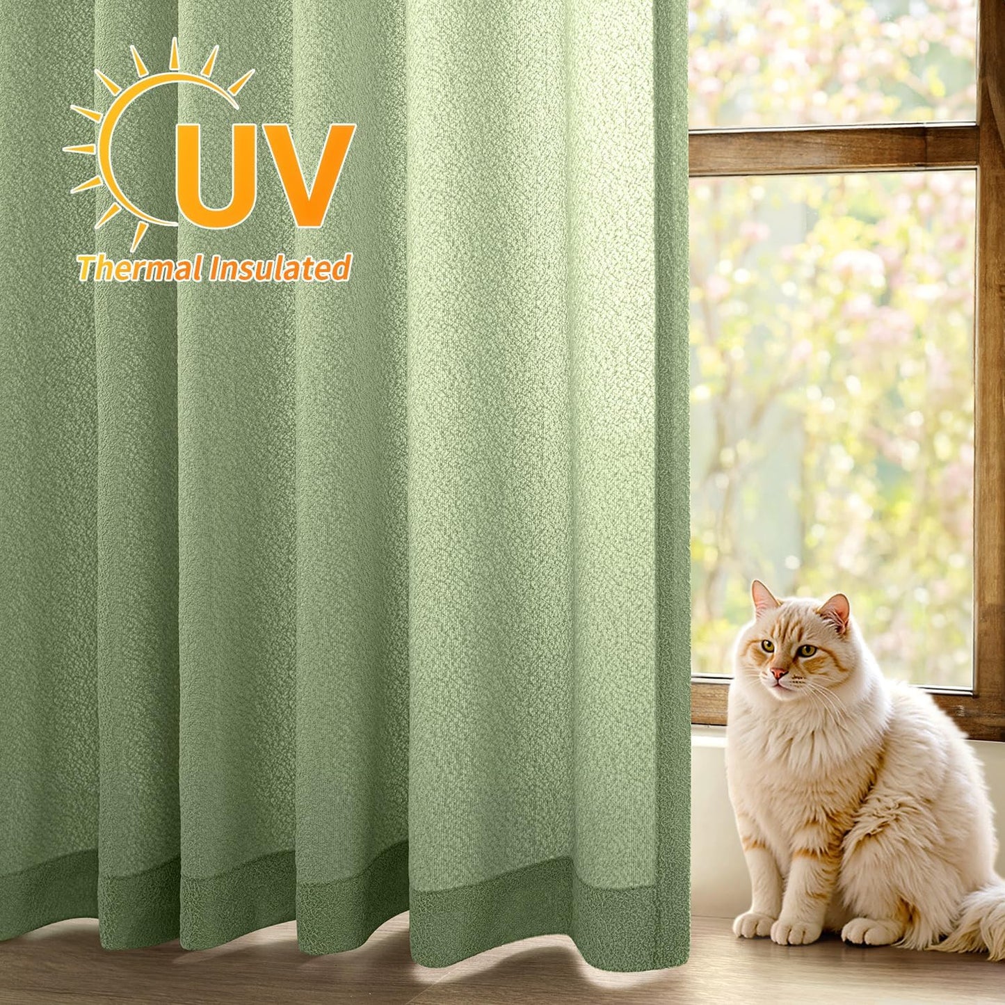 Sage Green Thermal Insulated Curtains 63 Inch Long 2 Panels Set for Summer Heat Blocking Non See through Privacy Thick Semi Sheer Light Filtering Back Tab Window Drapes for Bedroom Living Room