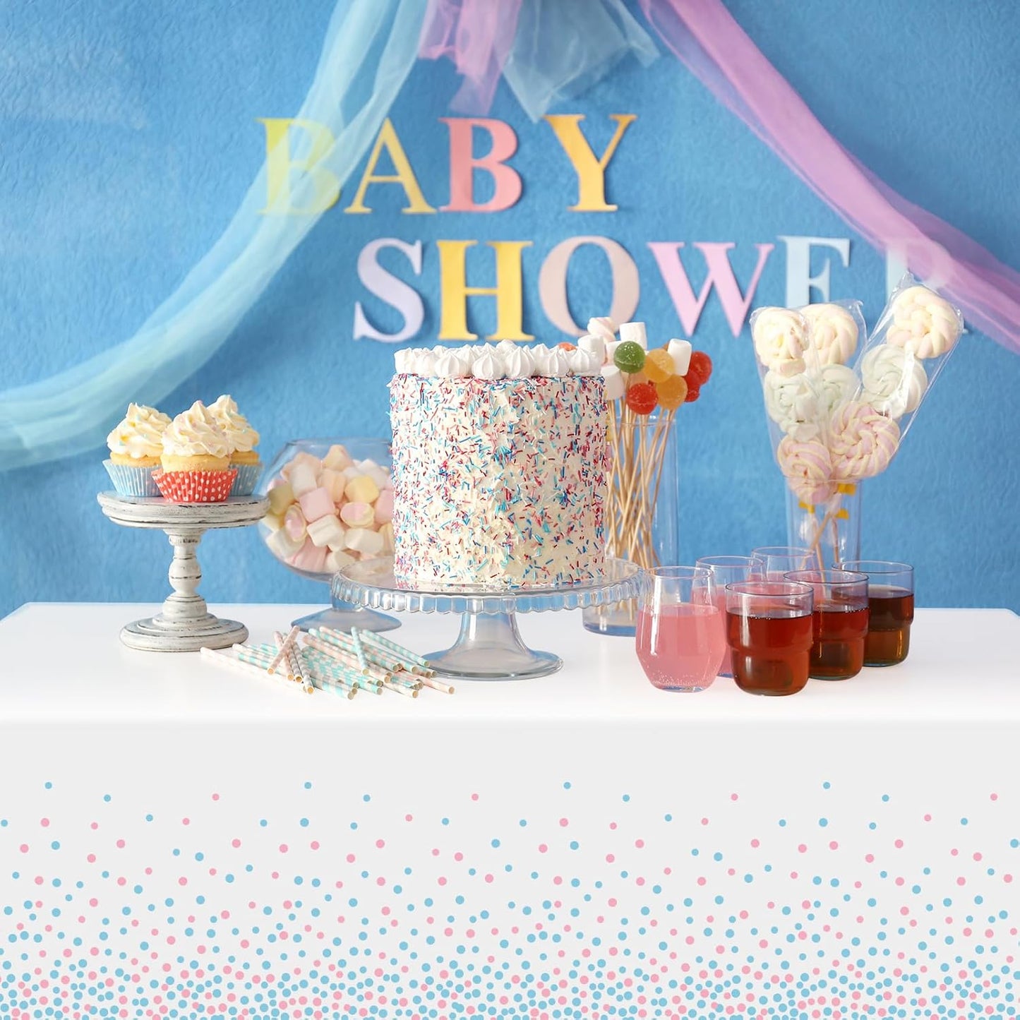 3Pack White and Pink Blue Plastic Tablecloth, White Disposable Table Cloth for Rectangle Tables, Pink Blue Stamping Dot White Tablecloth for Gender Reveal Baby Shower Birthday Party Supplies, 54"X108"