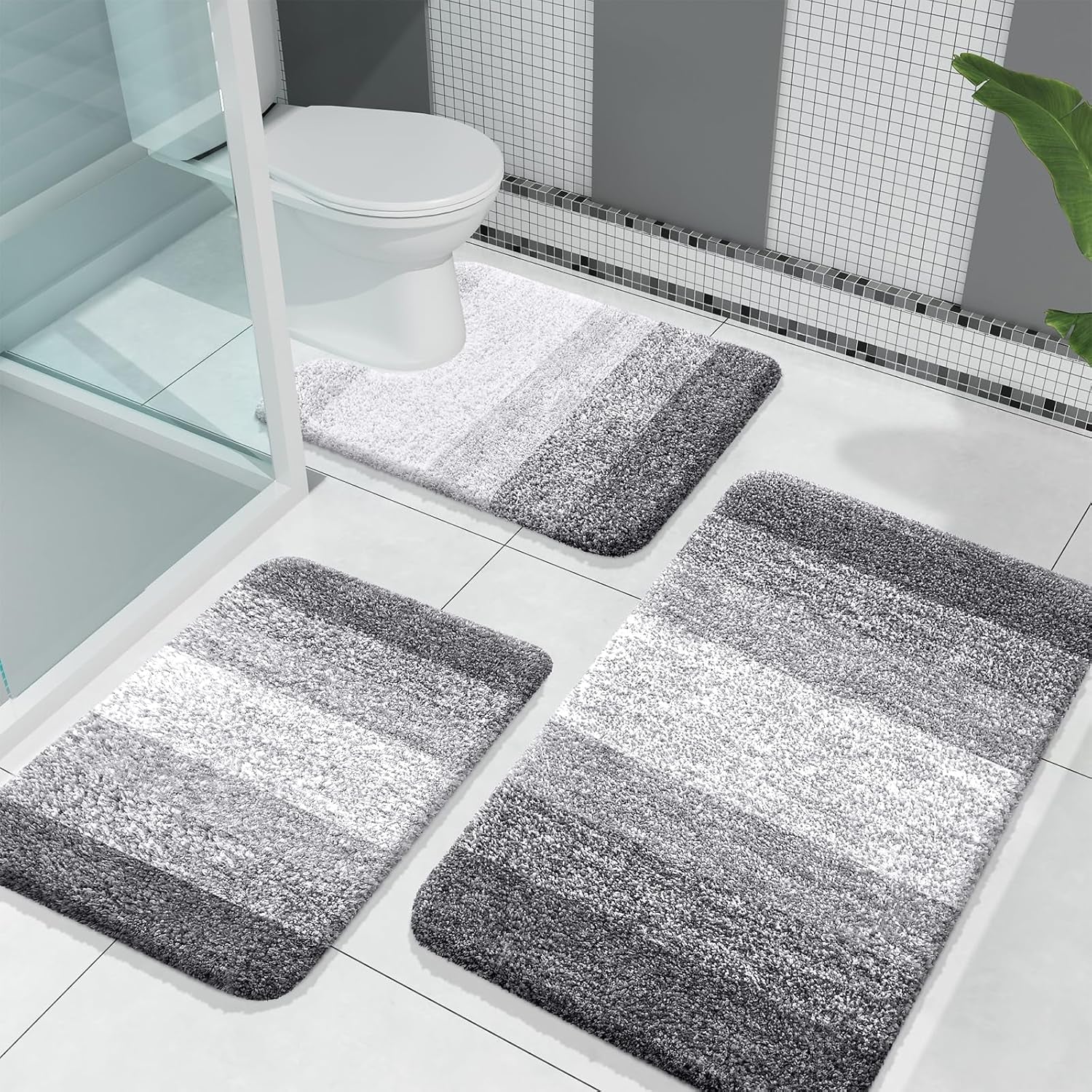 Bathroom Rugs Sets 3 Piece, Soft Absorbent Microfiber Bath Mats and U-Shaped Contour Toilet Rug, Plush Shaggy Bath Mat Set for Bathroom (30"X20"+24"X16"+24"X20", Grey)