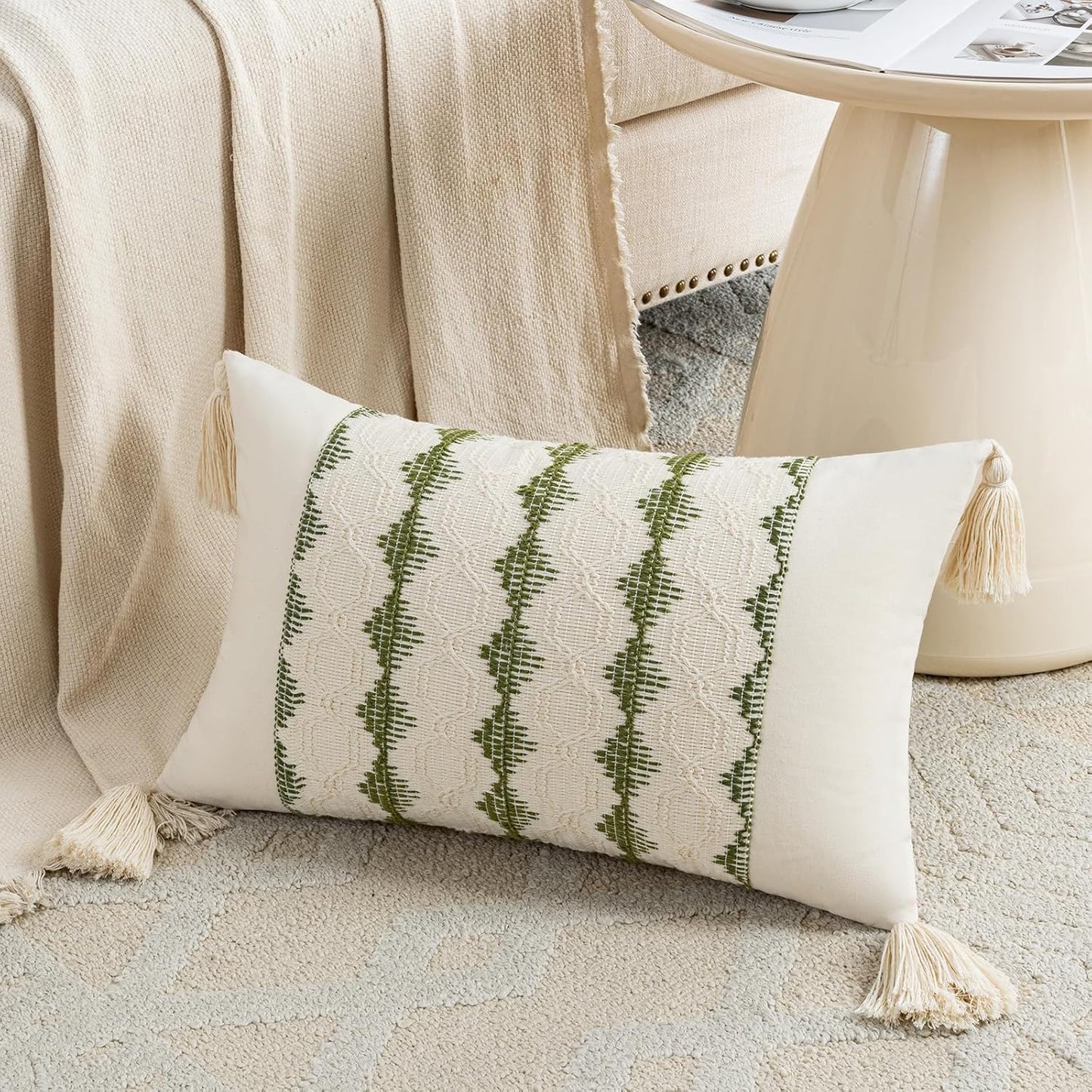 Set of 2 Boho Moss Green Lumbar Decorative Throw Pillow Cover 12X20 Inch for Couch Bed Sofa Chair, Modern Farmhouse Home Decor, Soft Cute Accent Rectangle Cushion Case with Tassels