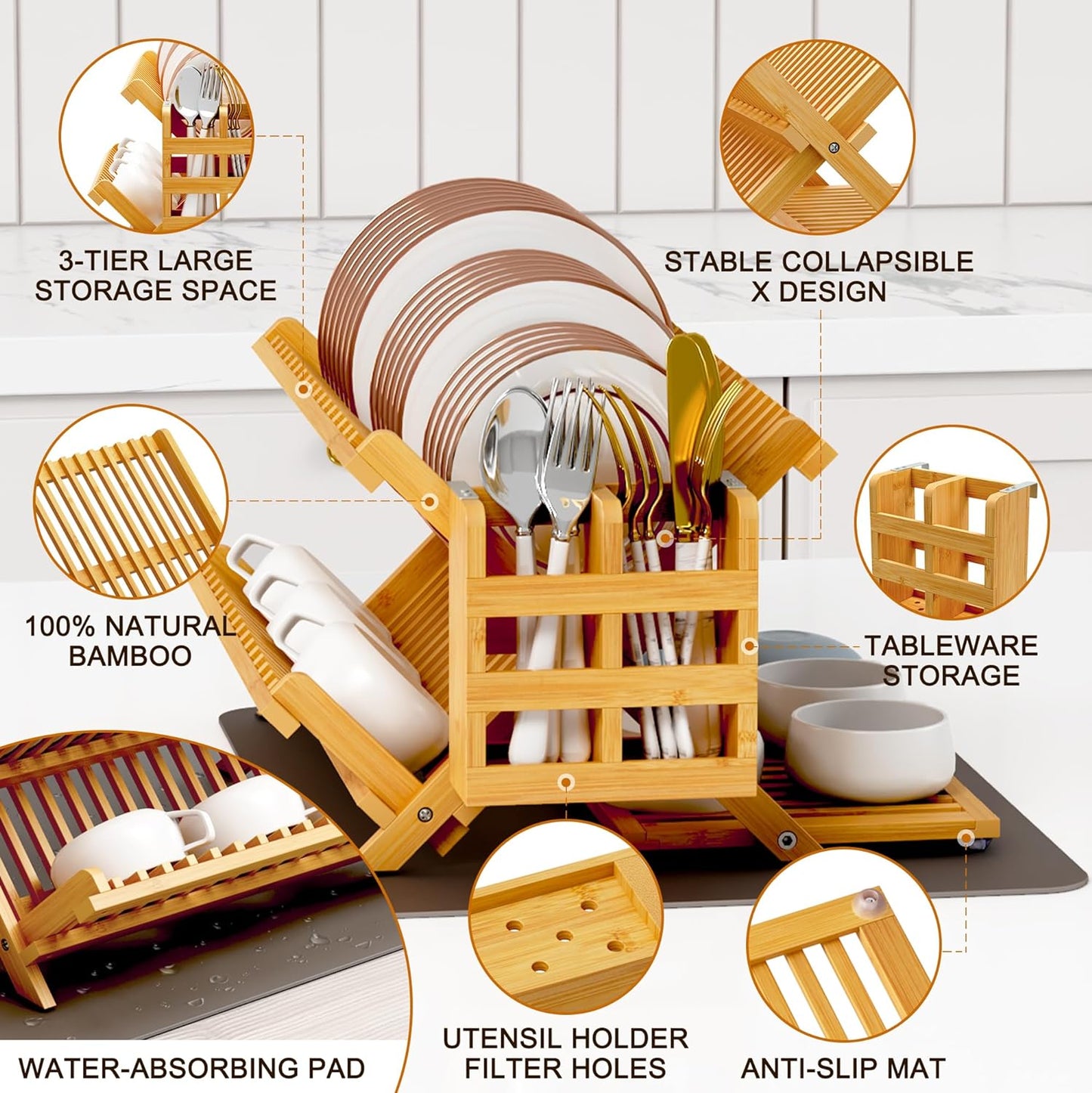 Bamboo Dish Drying Rack with Utensil Holder, 3 Tier Collapsible Dish Rack, Wooden Dish Racks for Kitchen Counter, Large Folding Drying Holder with Absorbent Dish Drying Mat