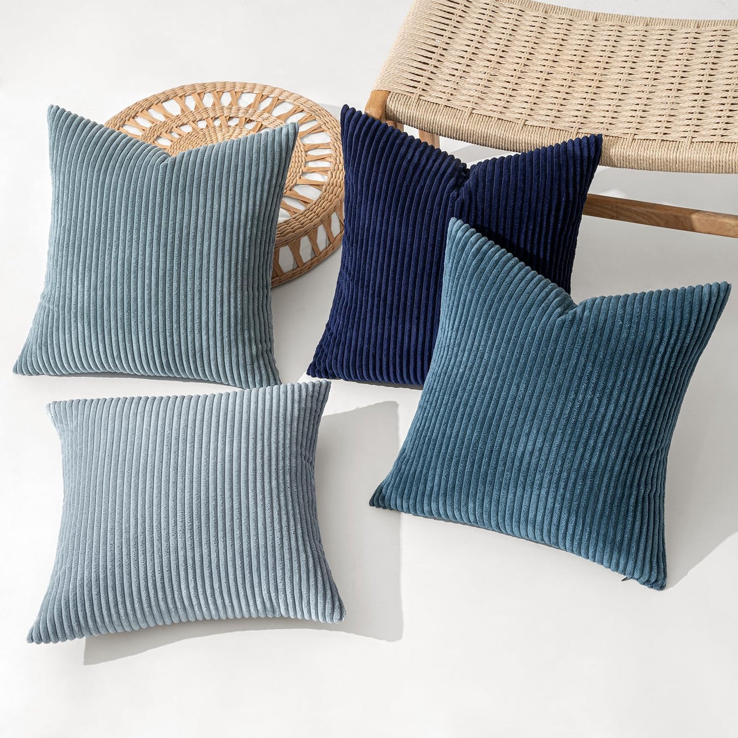 Set of 4 Summer Throw Pillow Covers 18x18 Inches - Western Neutral Decorative Cushions in Soft Boho Farmhouse Modern Coastal Design for Couch, Bed, and Living Room - Dark Blue Navy Collection