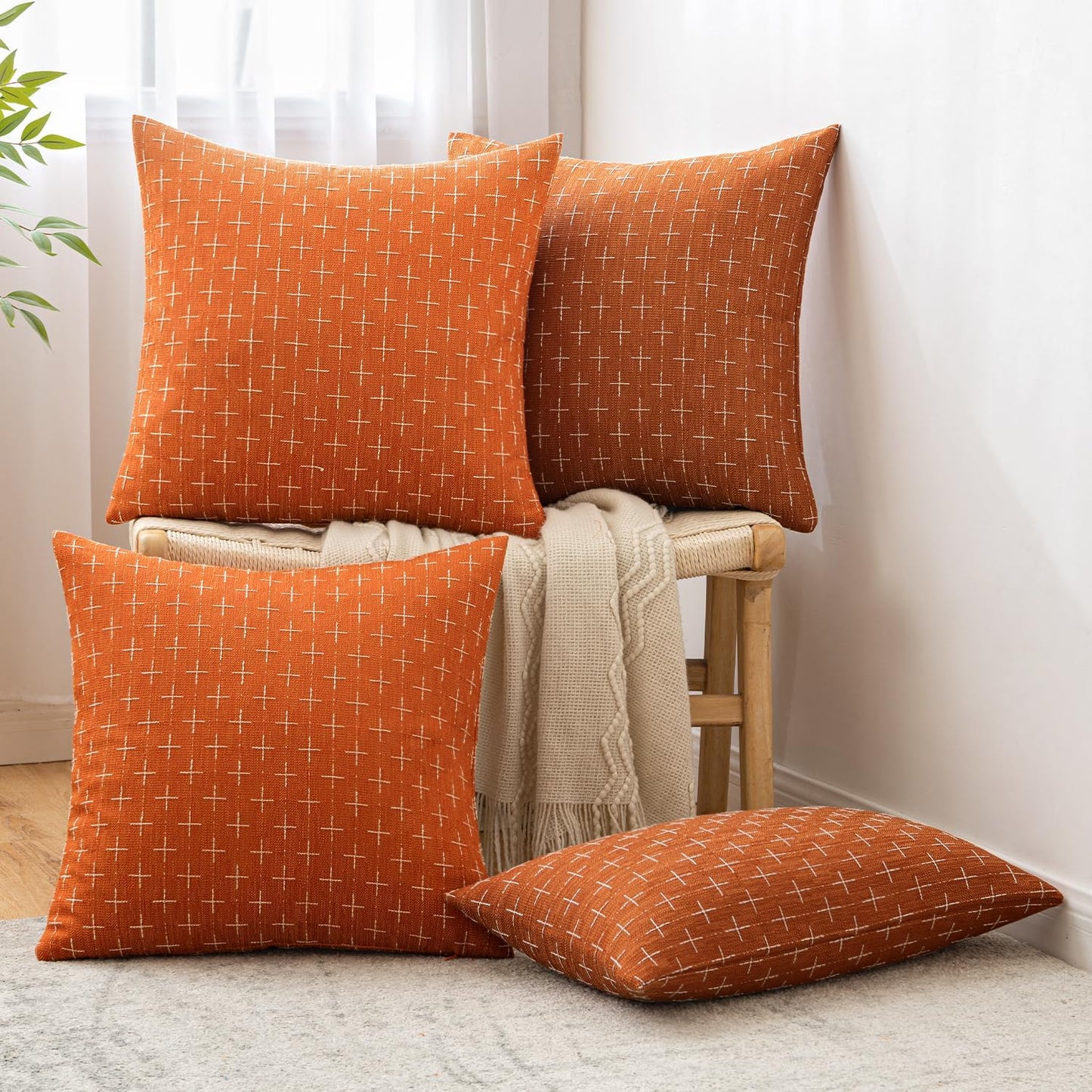 Fall Pack of 2 Decorative Burlap Linen Throw Pillow Covers Modern Farmhouse Pillowcase Rustic Woven Textured Cushion Cover for Sofa Couch Bed 18X18 Inch Burnt Orange