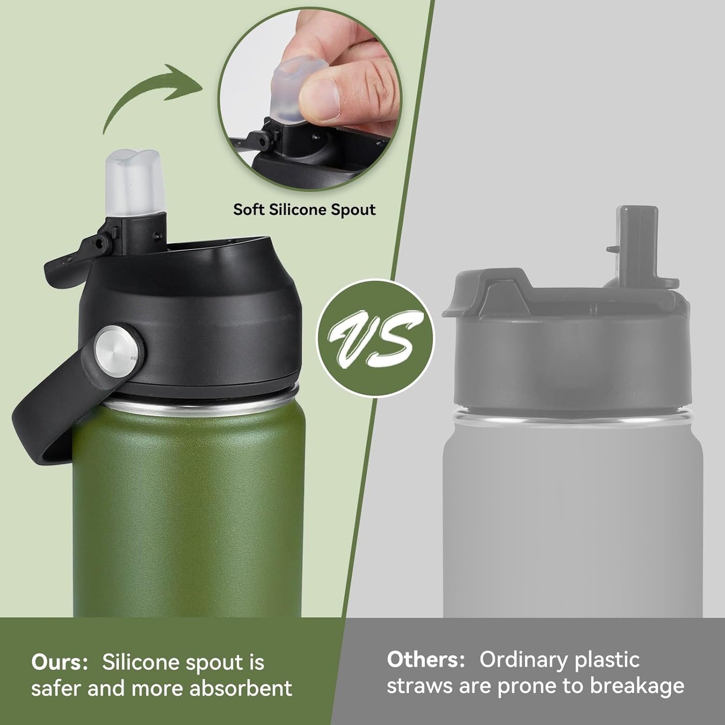 18Oz Insulated Stainless Steel Water Bottle, Wide Mouth Double Wall Vacuum, Silicone Straw, Sweat & Leak Proof, BPA Free Insulated Water Flask for Travel, Keep Cold 24H Hot 12H, Green