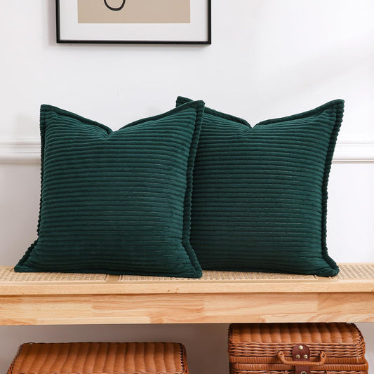 Corduroy Dark Green Throw Pillow Covers Set of 2 Striped Boho Decorative with Edge Design,Super Soft Throw Pillow Cushion Covers for Couch Sofa Living Room Solid Square 18×18Inch/45Cm×45Cm
