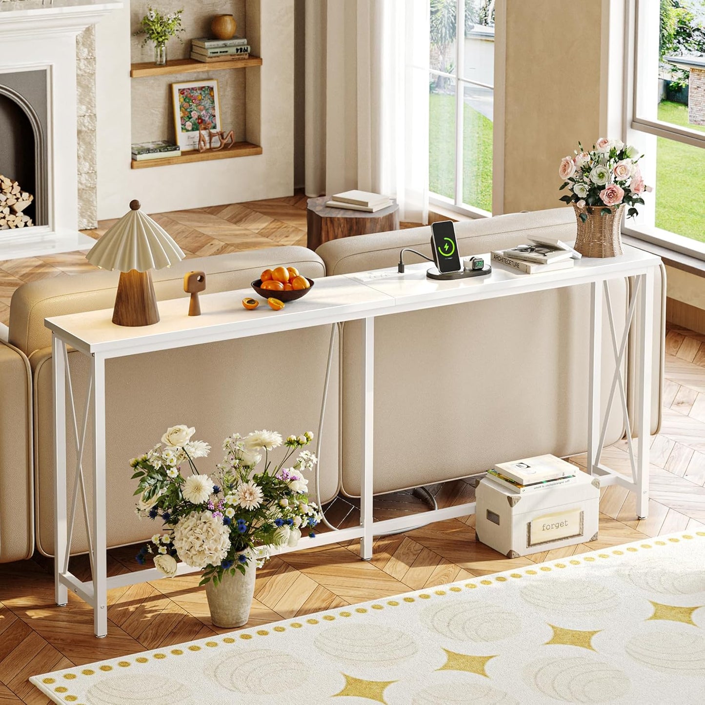 70-Inch Console Table with Outlets and USB-C Port, Extra Long X-Shaped Design for Entryway or Living Room, Narrow Metal Frame with Wooden Top in White