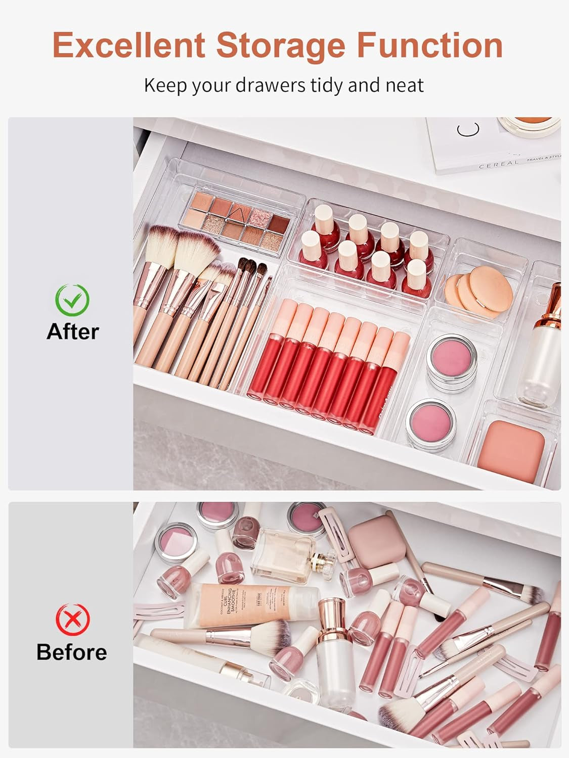 16-Piece Drawer Organizer with Non-Slip Silicone Pads, 5-Size Desk Storage Tray for Makeup, Jewelries, Utensils in Bedroom Dresser, Office and Kitchen, Clear