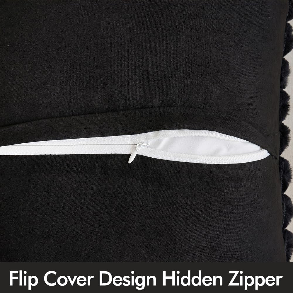 Faux Fur Plush Decorative Throw Pillow Covers Set of 2 Luxury Soft Fluffy Striped Pillowcases Cushion for Sofa Couch Bed Living Room Black 18X18 Inch