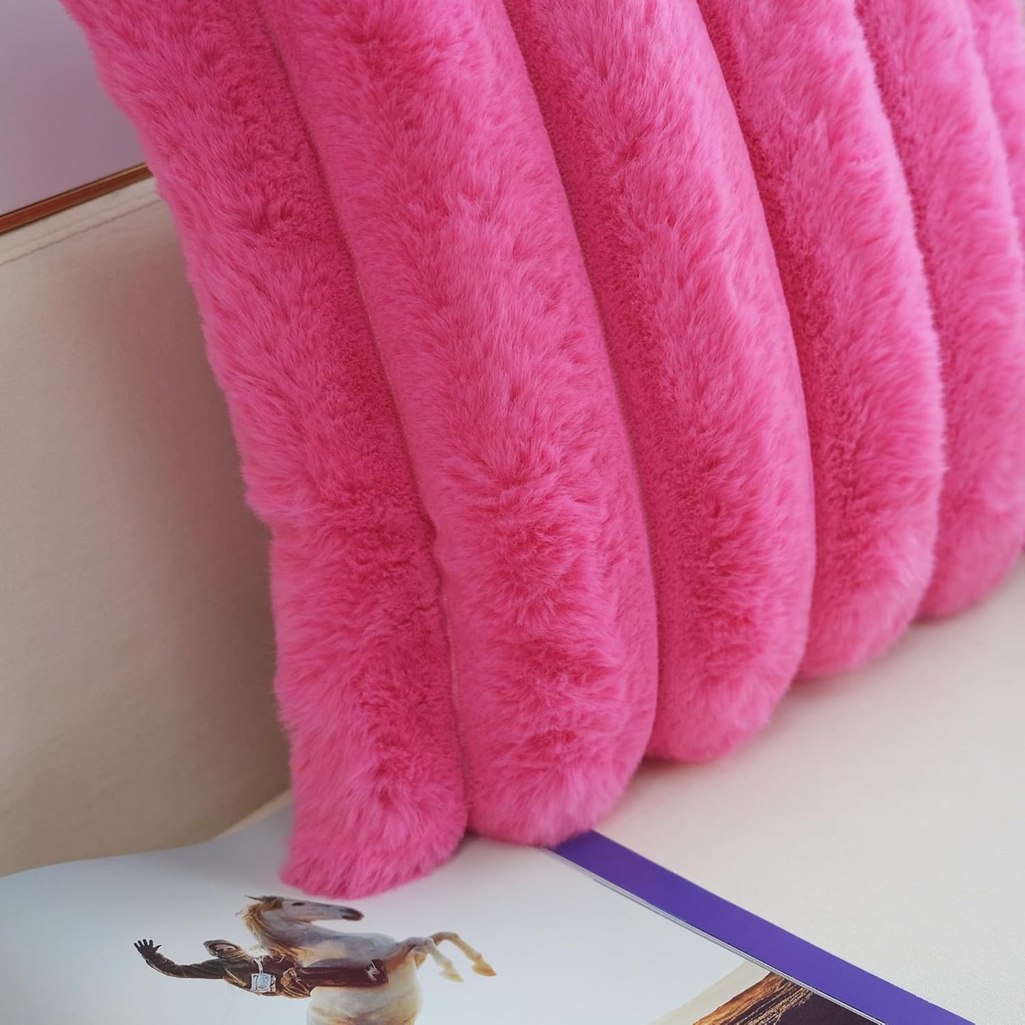 Pack of 2 Faux Fur Plush Decorative Throw Pillow Covers Couch Cushion Case Soft Fluffy Pillowcases Wide Stripe (Hot Pink, 16 X 16 Inch)
