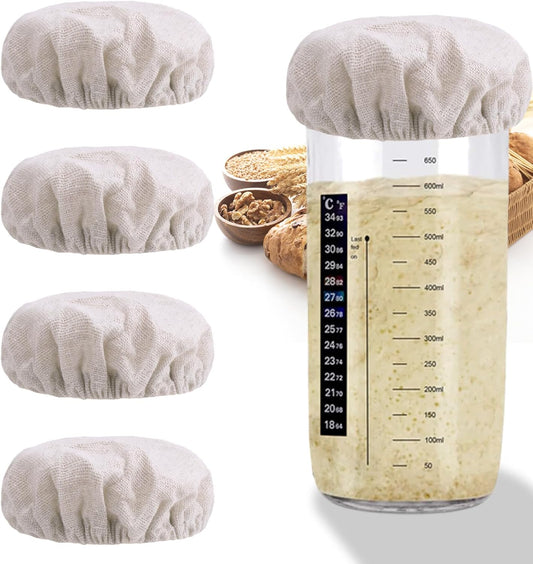 100% Cotton Sourdough Jar Cover,5 PCS Reusable Sourdough Bread Proofing Starter Jar Cloth Covers for Most Glass Mason Sour Dough Crock
