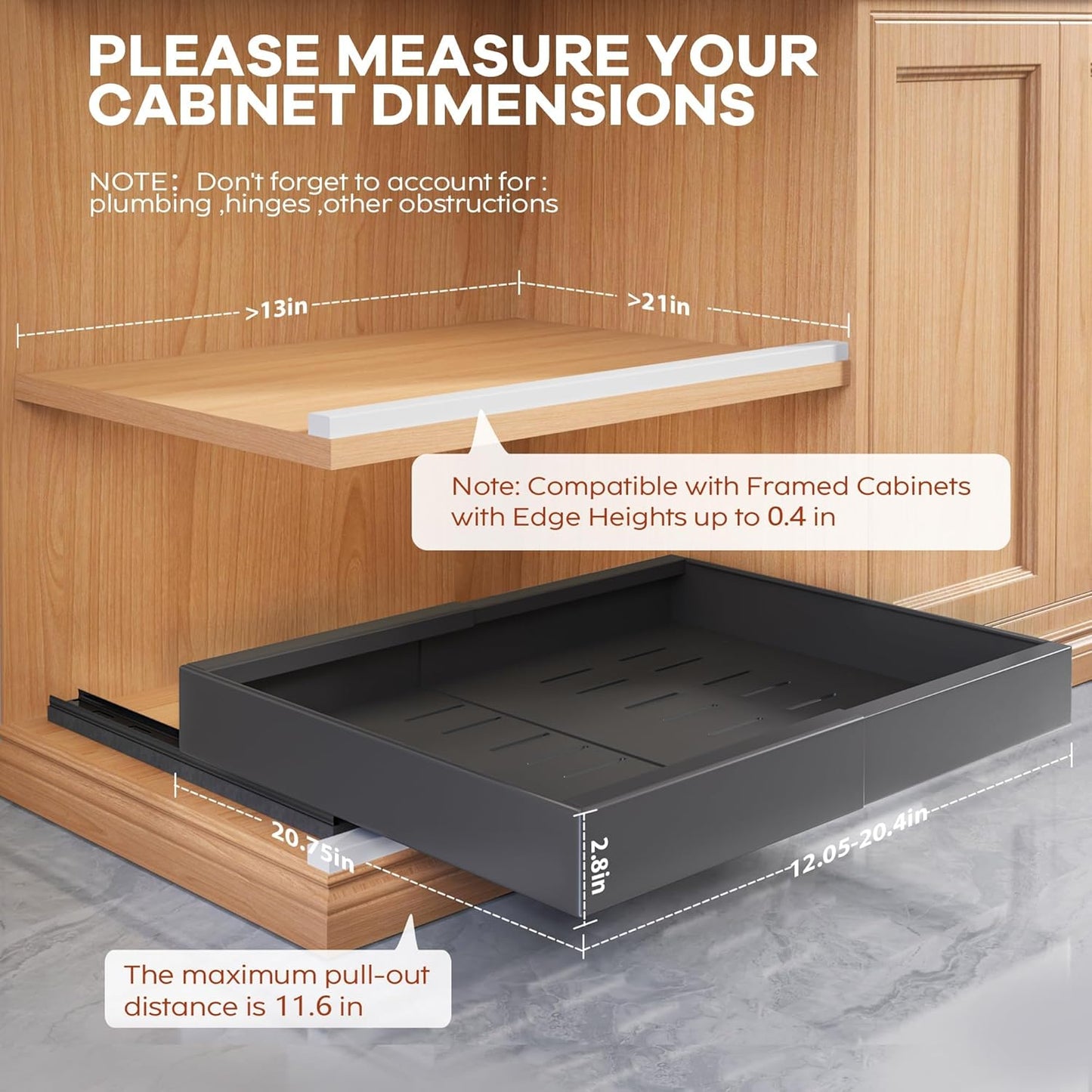 Expandable Pull-Out Cabinet Organizer Set - 21" Deep with Adjustable Width (12.05"-20.4"), Enhanced 3-Slide Rail Design, Black