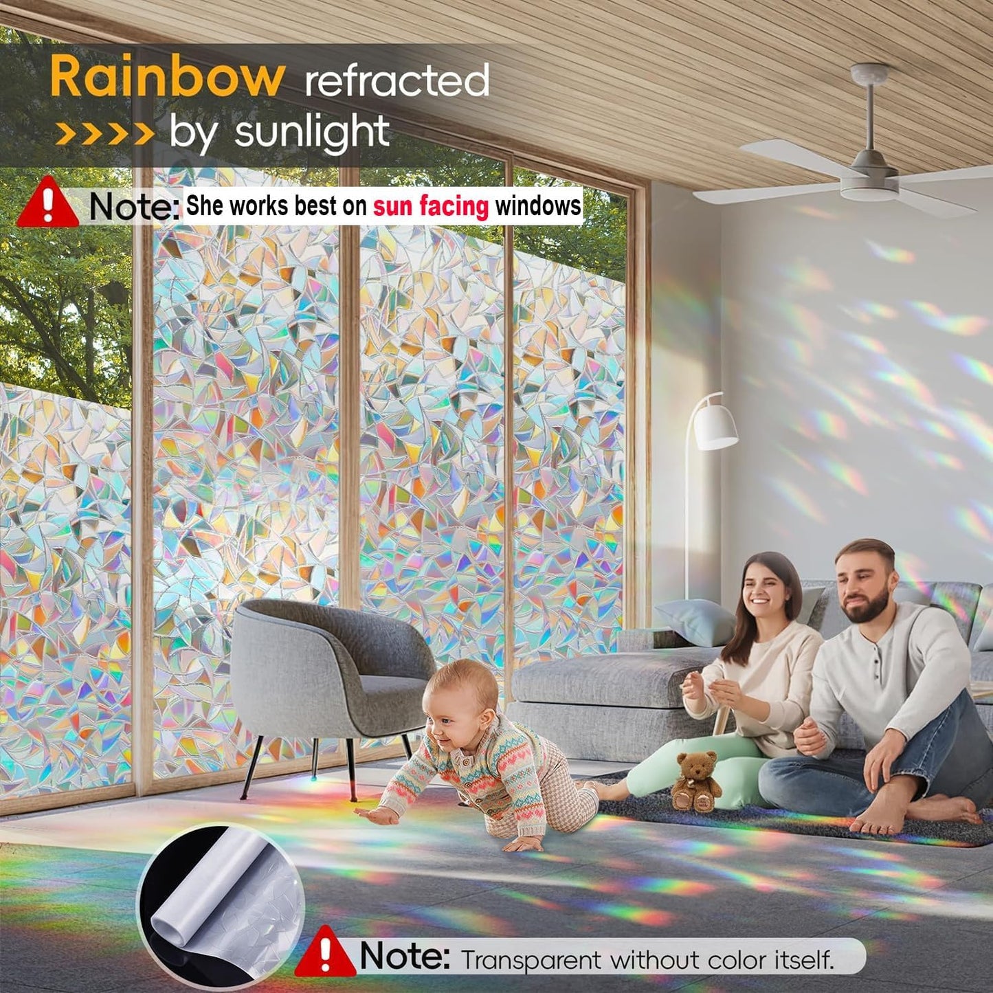 Rainbow Window Privacy Film with Cutting Reference Line, 3D Decals Stained Glass Clings, Static Cling Sticker, Suncatcher Windows Cover Tint for Home, 17.5 Inch X 78.74 Inch