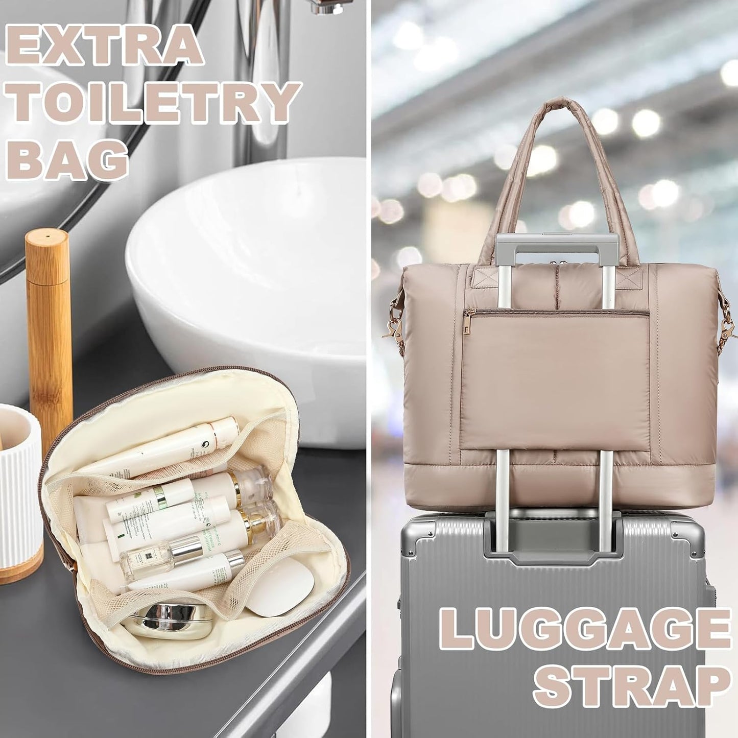 Weekender Bags for Women Puffer Tote Bag with Zipper Carry on Airport Bag Winter Shoulder Bags for Travel Work