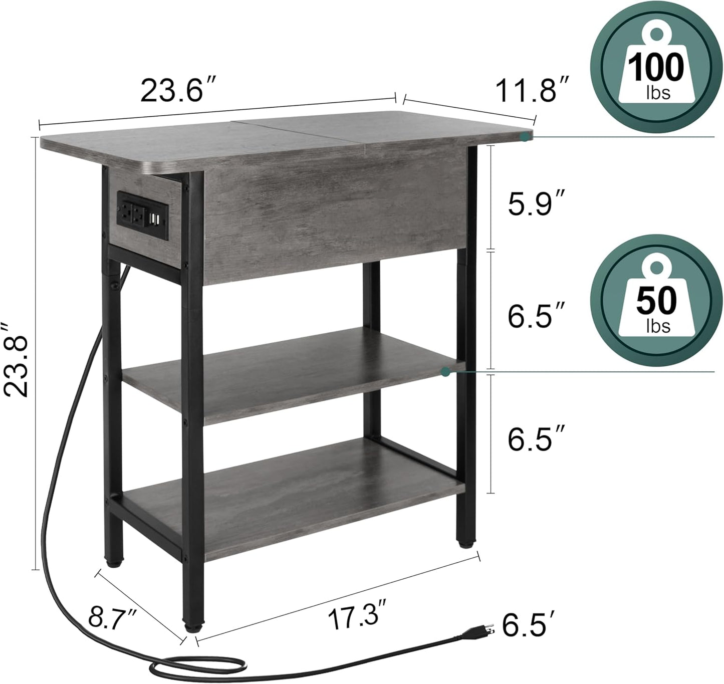 End Table with Charging Station, Flip Top Side Table with USB Ports and Outlets, Sofa Couch Table Bedside Table for Living Room Bedroom, Narrow Nightstand with Storage Shelves for Small Space