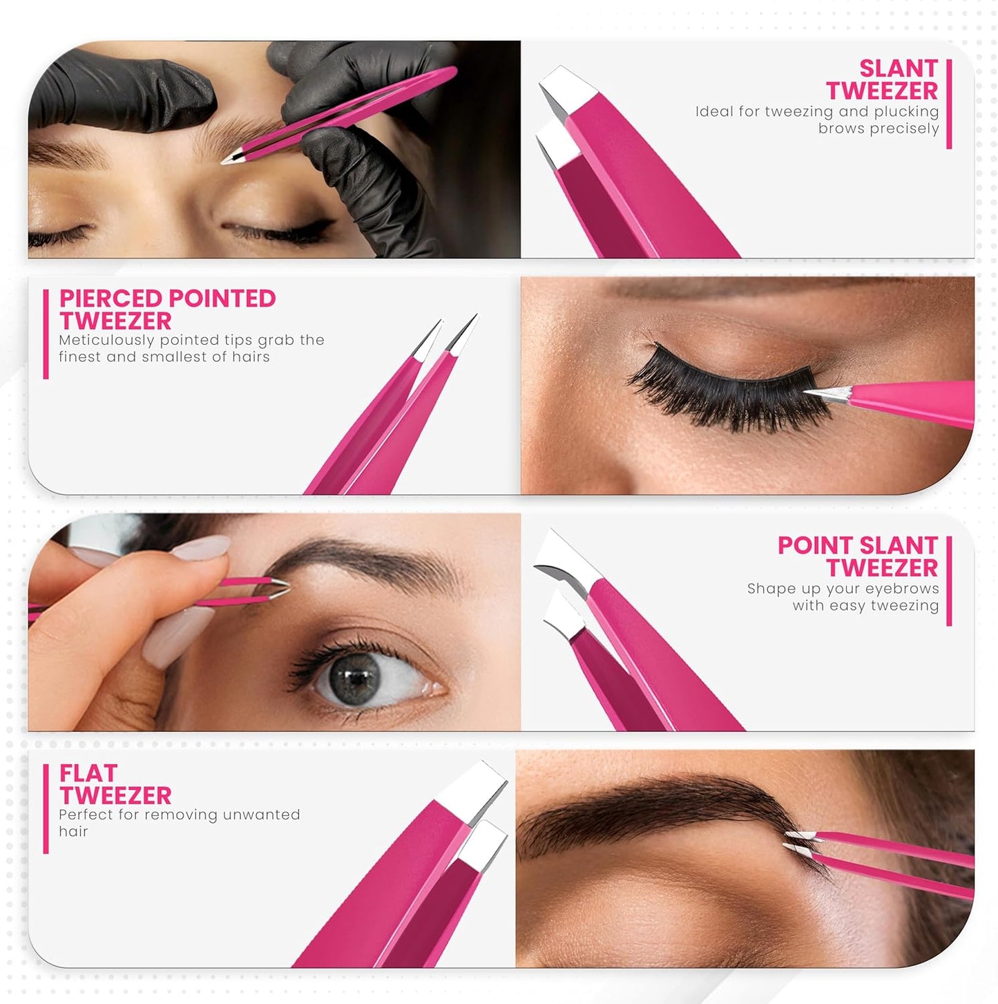 Professional Tweezers 4 Piece Set, Stainless Steel Slant, Pointed, Flat & Curved Tweezers for Eyebrows, Ingrown Hair & Splinter Removal, Grooming & Beauty Tools, Pink