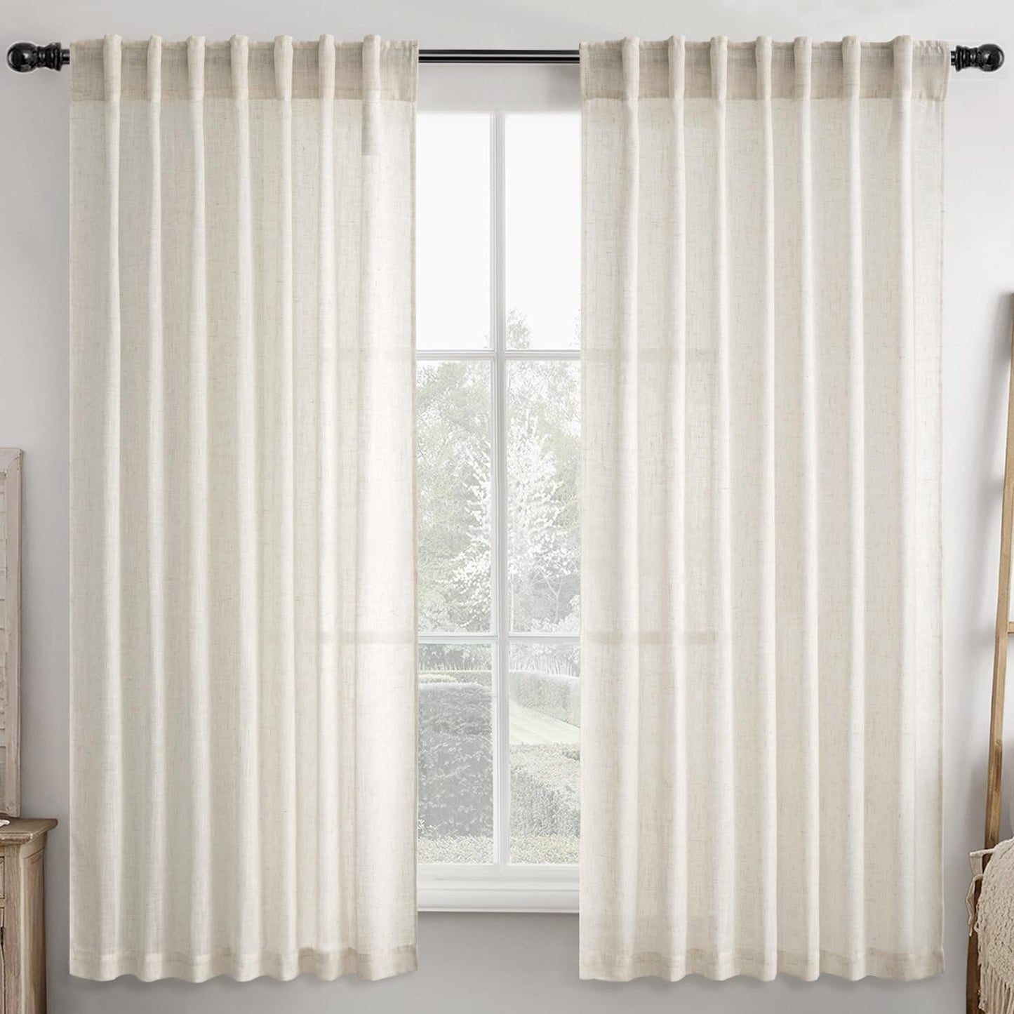 Ivory Cream Linen Back Tab Curtains 63 Inch Length 2 Panels Set, Semi Sheer Light Filtering Privacy Drapes for Modern Farmhouse Living Room Bedroom, Neutral Textured Pinch Pleated Look Window Curtains