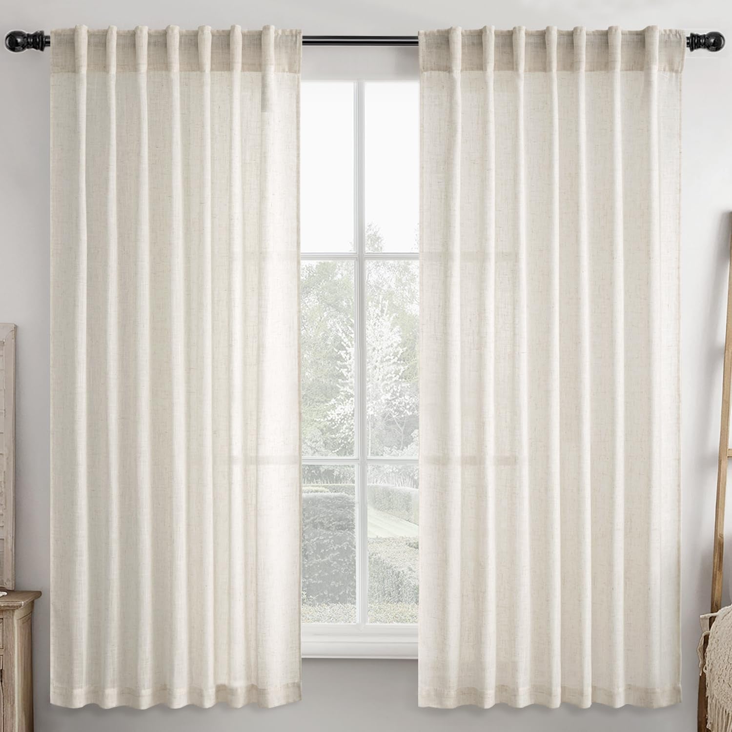 Ivory Cream Linen Back Tab Curtains 63 Inch Length 2 Panels Set, Semi Sheer Light Filtering Privacy Drapes for Modern Farmhouse Living Room Bedroom, Neutral Textured Pinch Pleated Look Window Curtains