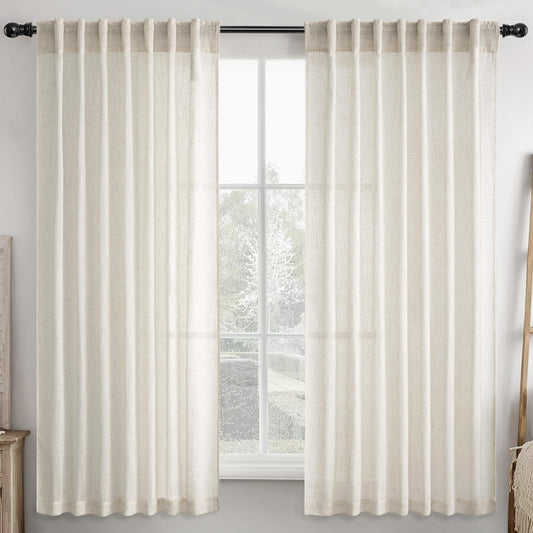 Ivory Cream Linen Back Tab Curtains 63 Inch Length 2 Panels Set, Semi Sheer Light Filtering Privacy Drapes for Modern Farmhouse Living Room Bedroom, Neutral Textured Pinch Pleated Look Window Curtains