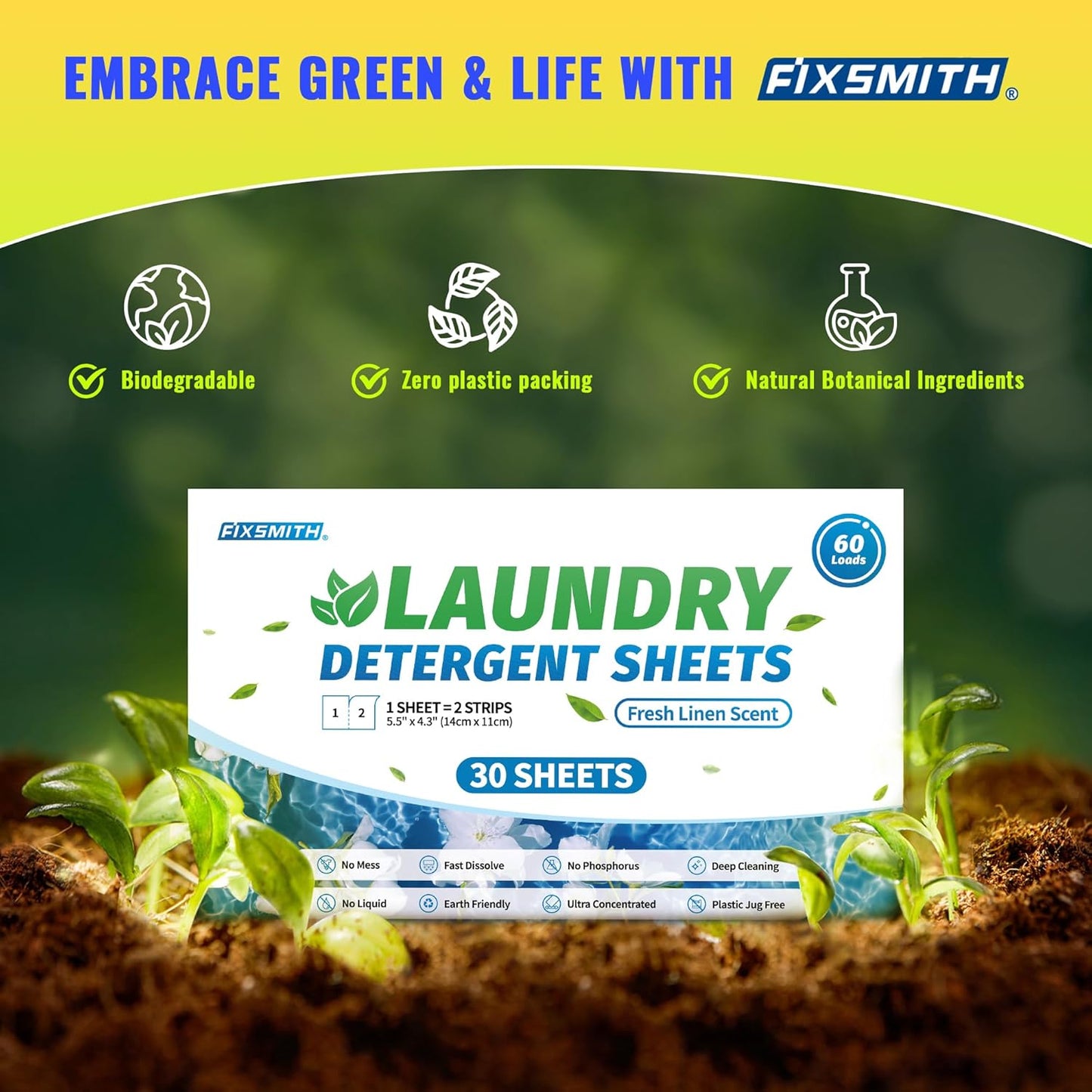Laundry Detergent Sheets - 60 Loads (30 Sheets) Fresh Linen Scent - Hypoallergenic,Eco Friendly Laundry Soap Sheets Ultra-Concentrated Travel Detergent Sheets.Plastic-Free,Liquidless.