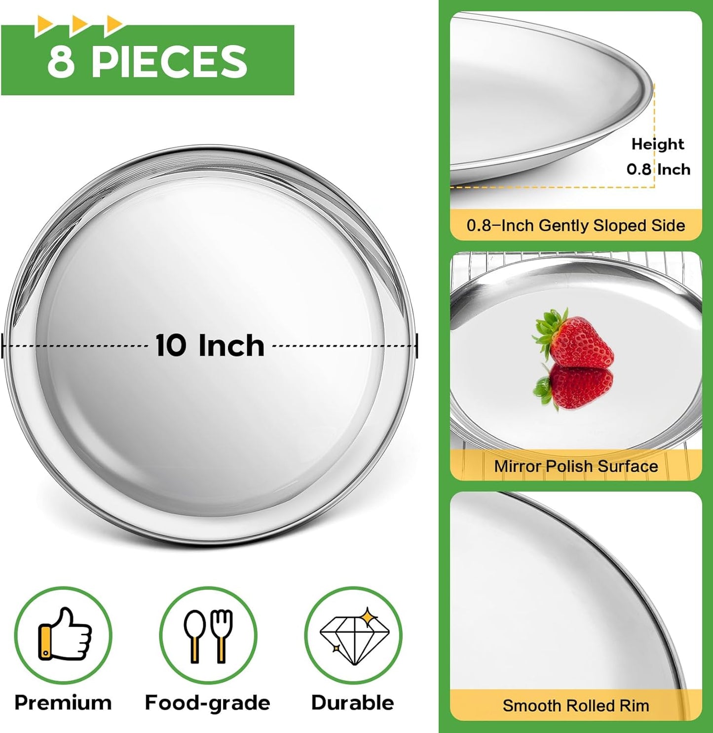 10 Inch Pizza Pan, Stainless Steel round Pizza Tray Baking Pans, Pizzas Plate Serving Tray for Cookie Meat, Oven & Dishwasher Safe & Easy Cleaning, (Mirror Finish) - 8 Pieces