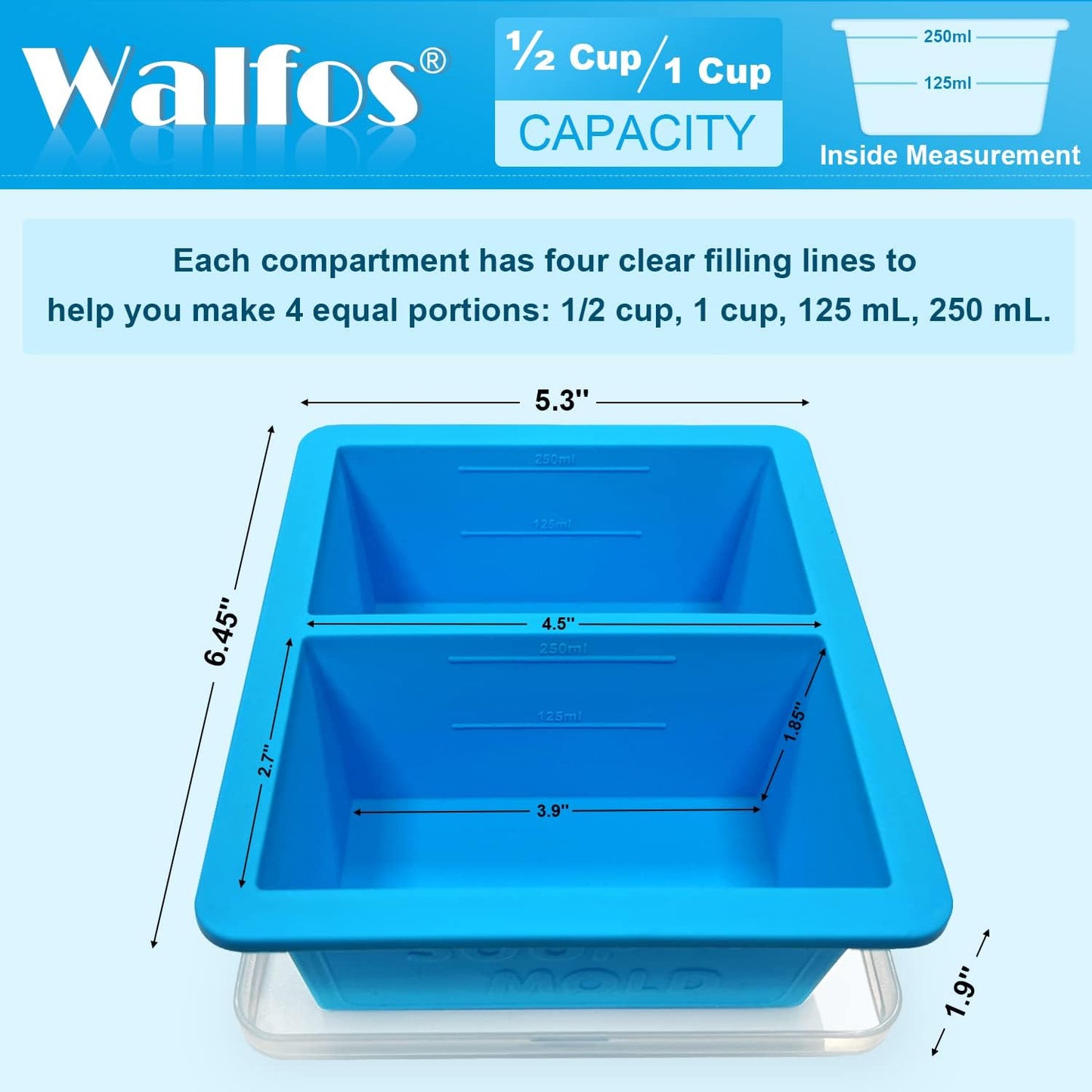 Extra-Large Silicone Freezing Tray with Lid, 1-Cup Freezer Tray for Soup, Silicone Soup Freezer Container for Storing and Freezing Soup, Broth, Sauce and Ice, 2 Pack