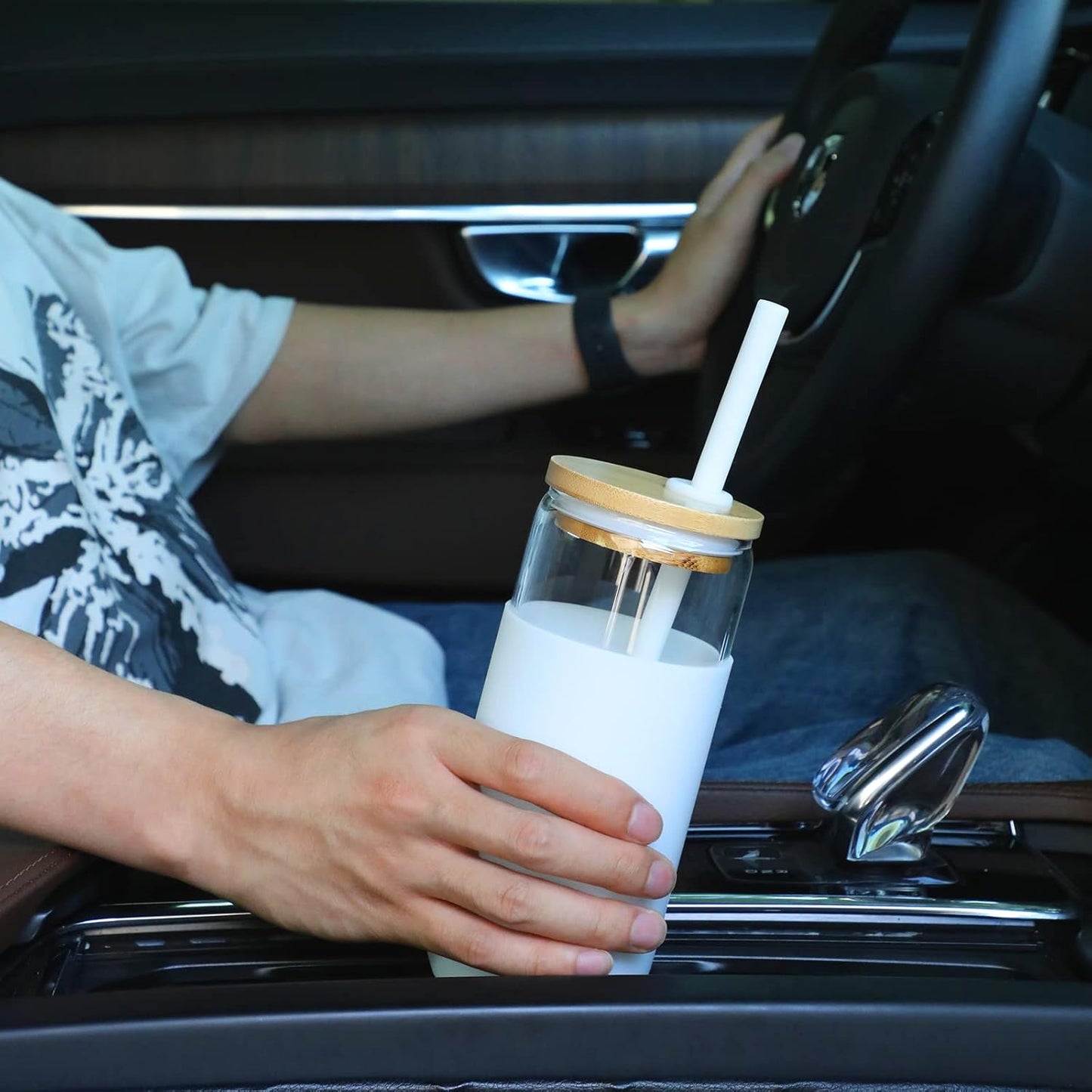 20 OZ Glass Cups with Bamboo Lids and Straws - Drinking Glasses with Silicone Protective Sleeve Set, Iced Coffee Glasses, Cute Tumbler Cup for Water, Smoothie, Boba Tea, Gift - 2 Pack