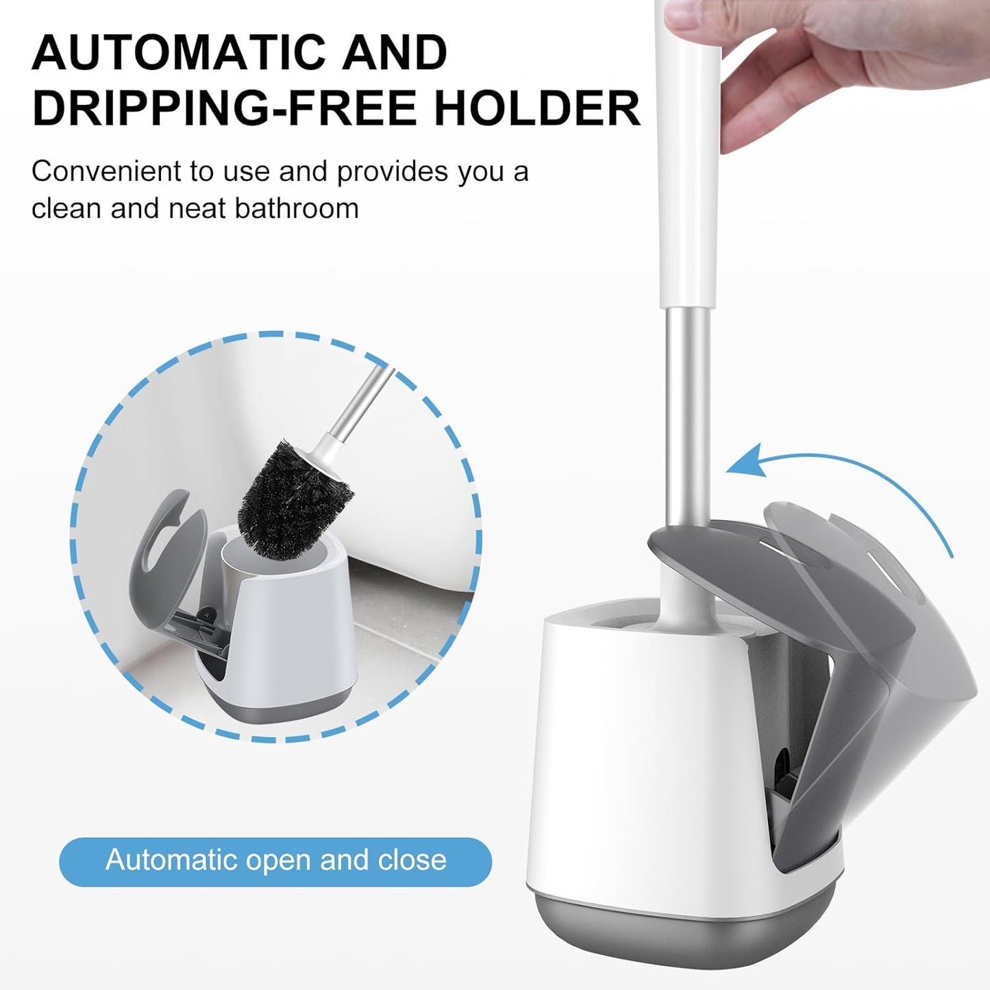 Toilet Brush and Holder, Self Closing Lid Toilet Bowl Brushes Holder and Extra Long Handle Ventilated Toilet Brush Set for Bathroom Cleaning, Nylon Bristles, White & Grey