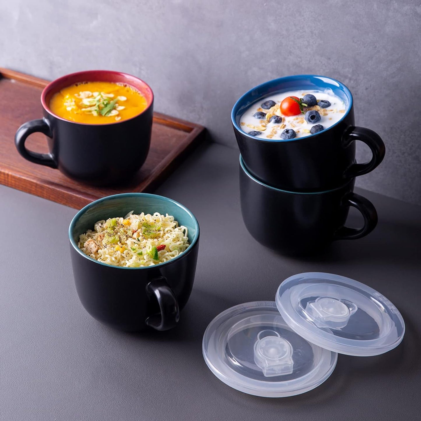 Ceramic Soup Mugs with Vented Lids, 24 Oz Multi-Color Set of 4, Ideal for Soup, Coffee, Cereal, Salad, and Noodles, Microwave and Dishwasher Safe