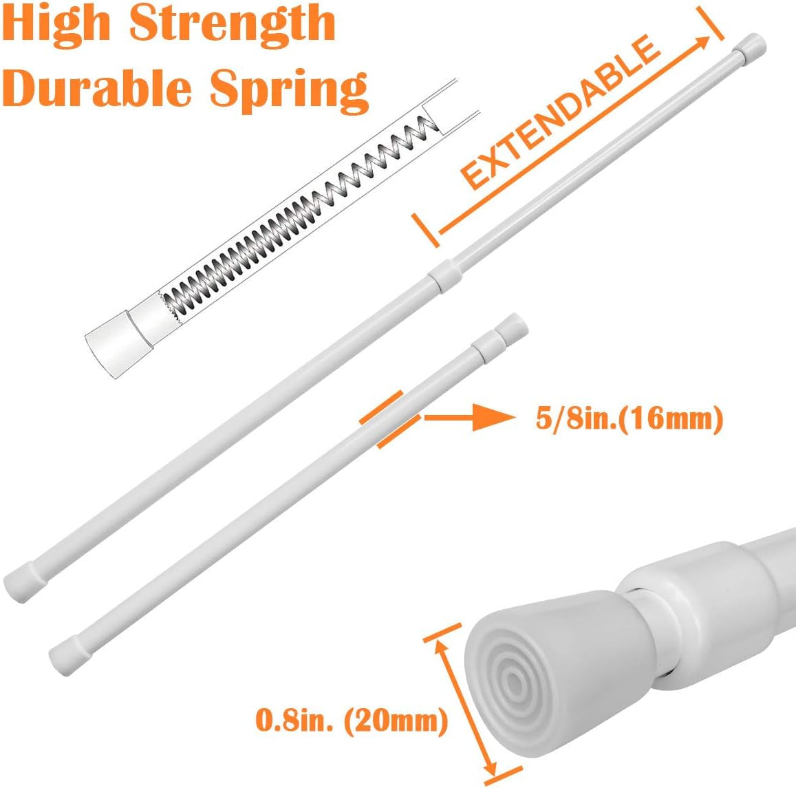 2 Pack 5/8" Tension Curtain Rod, RV Tension Bars, Cupboard Rods White 10 to 16 Inch
