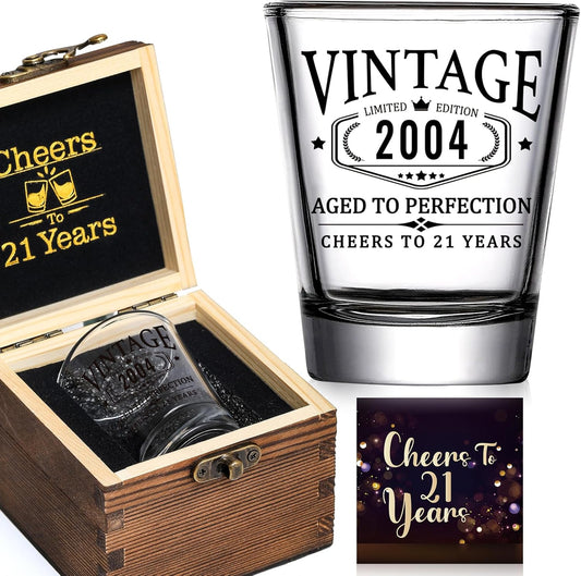 21St Birthday Gifts for Him Her - Limited Edition Shot Glass with Wooden Box - Vintage 2004 Cheers to 21 Years, Finally 21 Party Decorations Supplies - Turning 21 Bday Present for Men Brother Friends