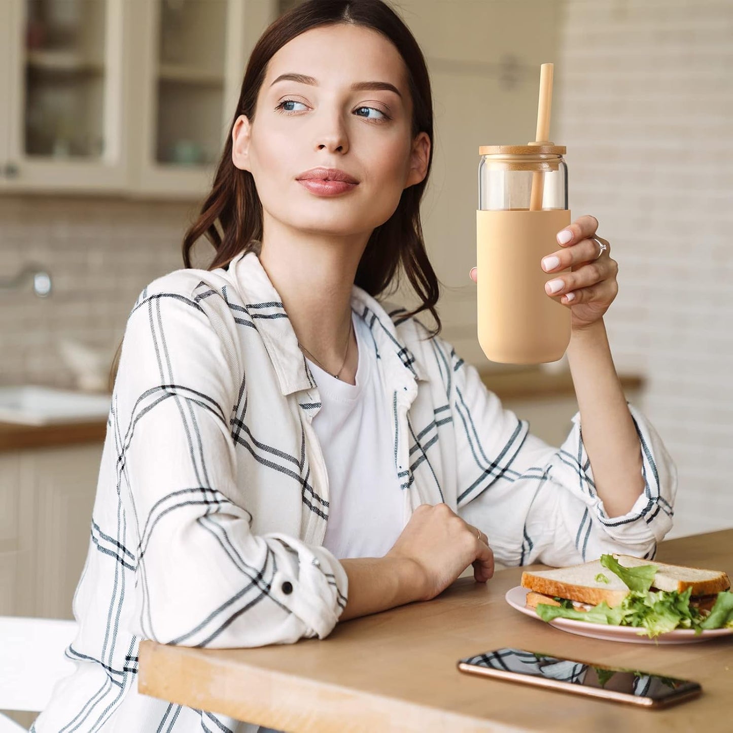 20Oz Glass Water Tumbler with Silicone Protective Sleeve - Beer Can Glass Cups with Straw and Bamboo Lid, Iced Coffee Glasses, Cute Drinking Glasses For, Water Smoothie, Boba Tea, Gift - Amber